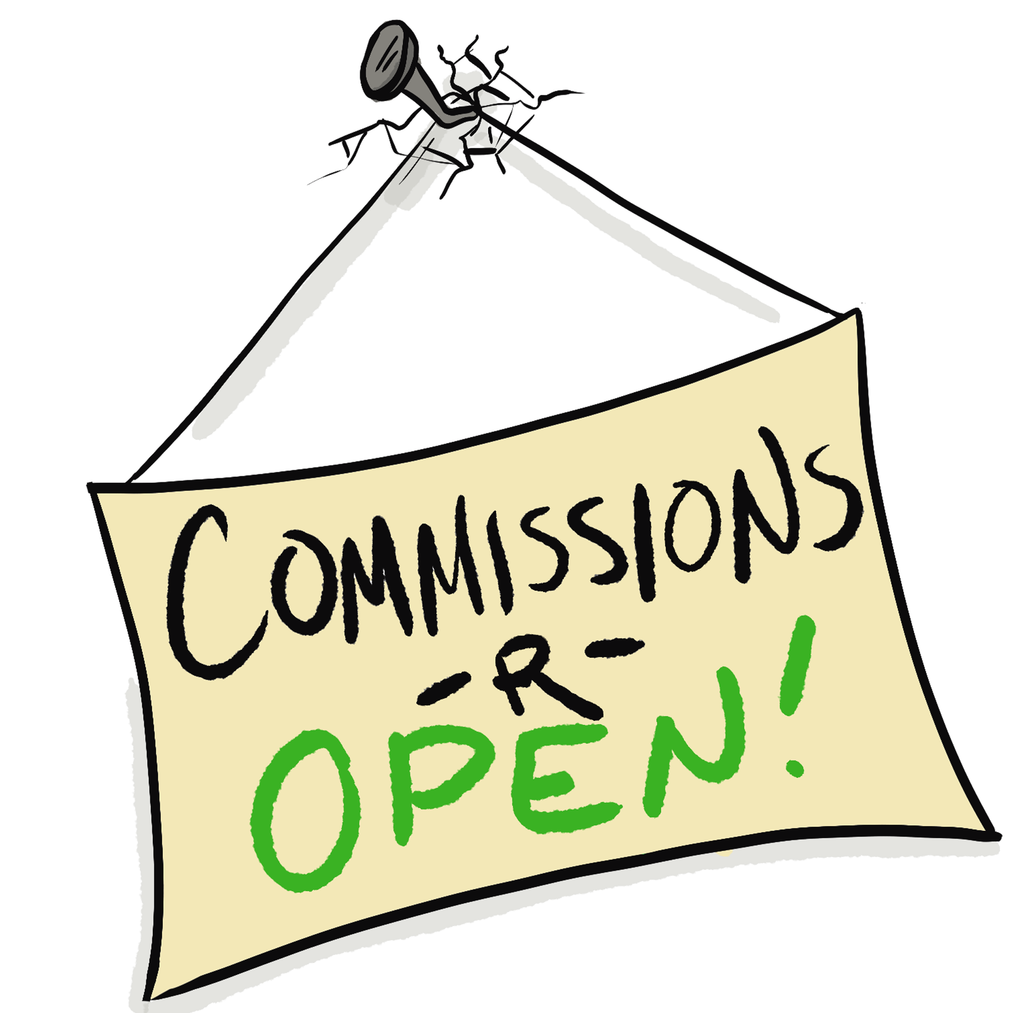 Illustration of a building with an antenna on the roof and a sign that reads 'Commissions - R - Open!' hanging in front.