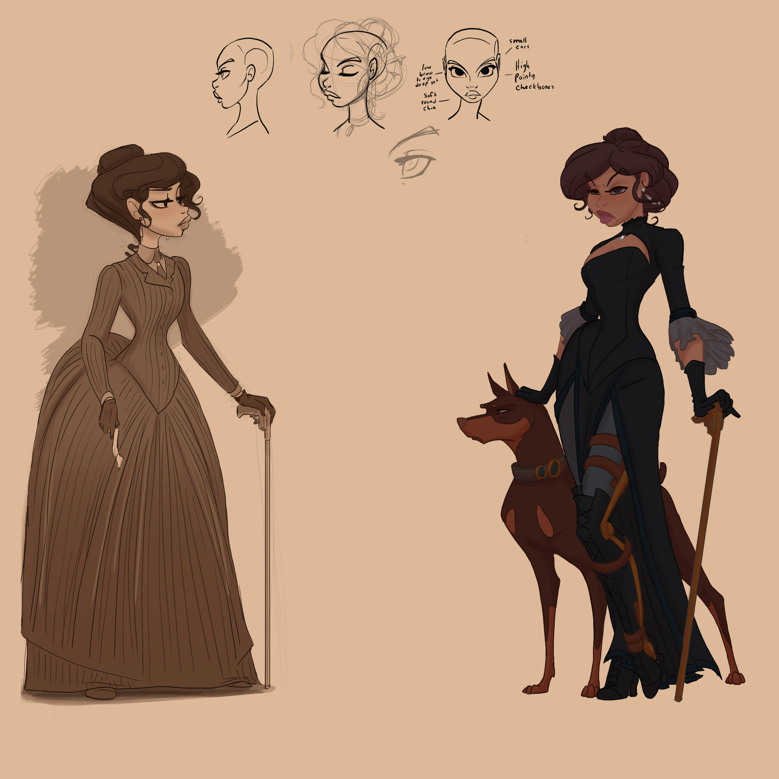 Concept art sketches and digital illustrations of two women, one in Victorian-era clothing with a cane, and another in a dark fantasy style with a staff and a large dog, with detailed facial features and fashion notes.