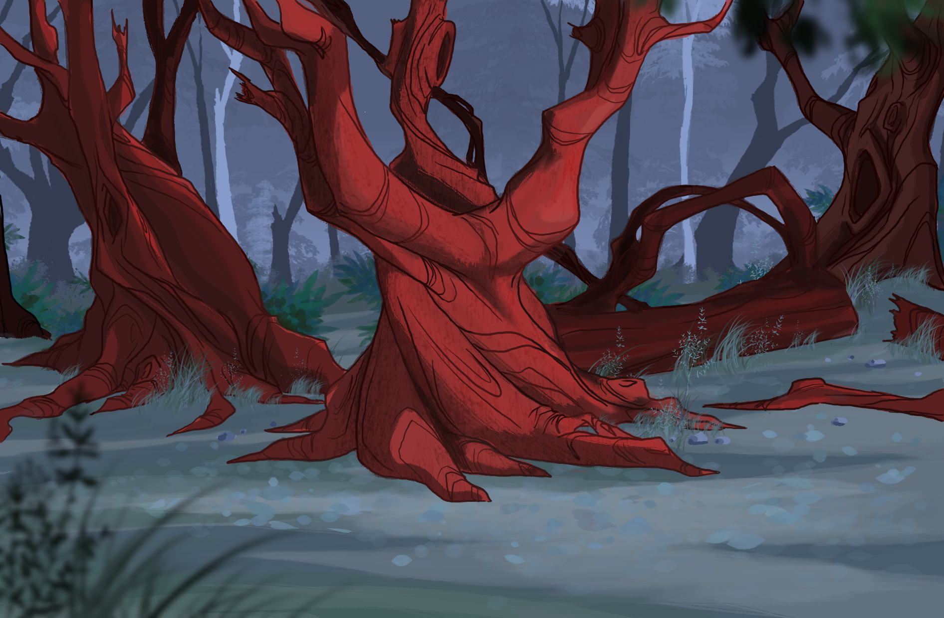 A dark, foggy forest with twisted, red-barked trees and sparse vegetation, illuminated by a subdued blue-gray light.