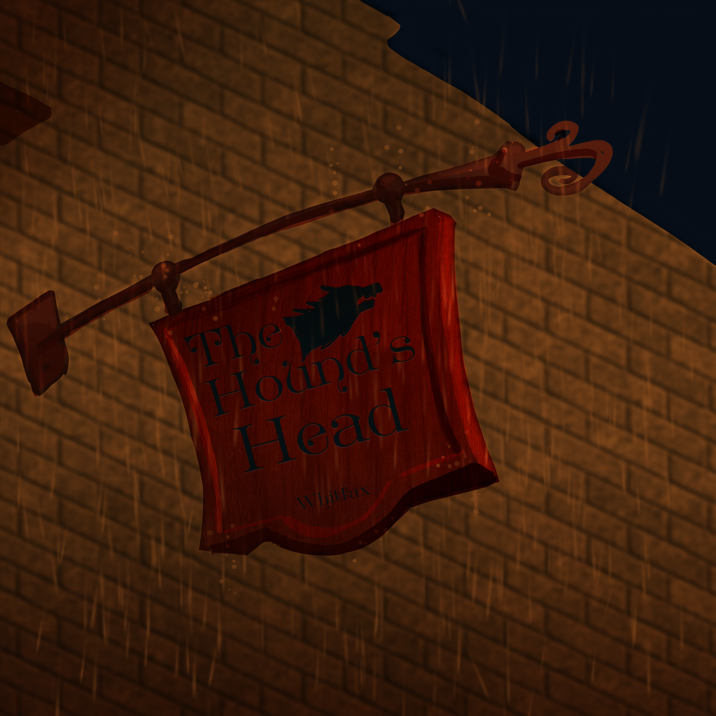 A hanging sign for the pub 'The Hound's Head' with a black silhouette of a hound's head, mounted on a brick wall under a blue awning on a rainy night.