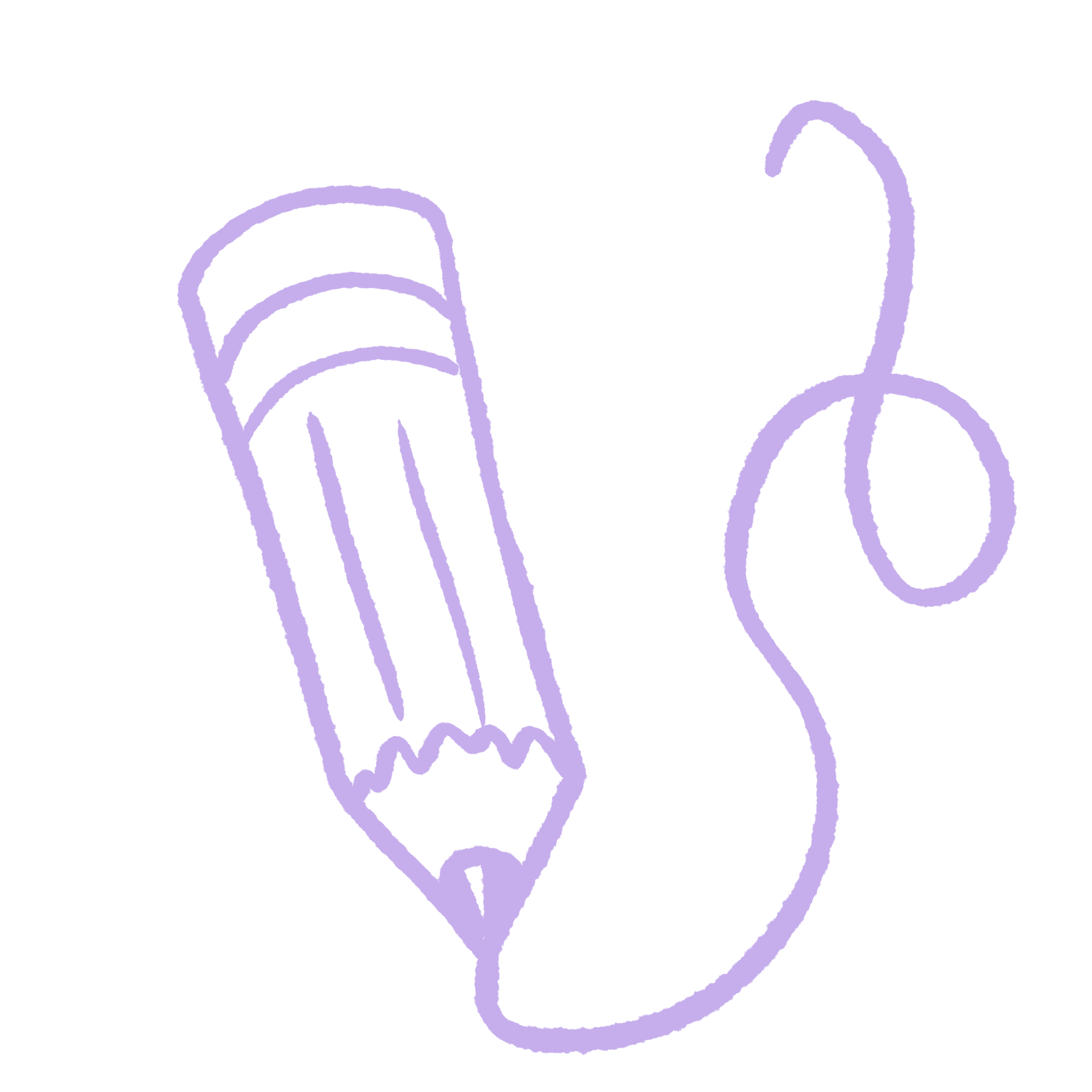 Line drawing of a purple pencil with a drawn doodle line.