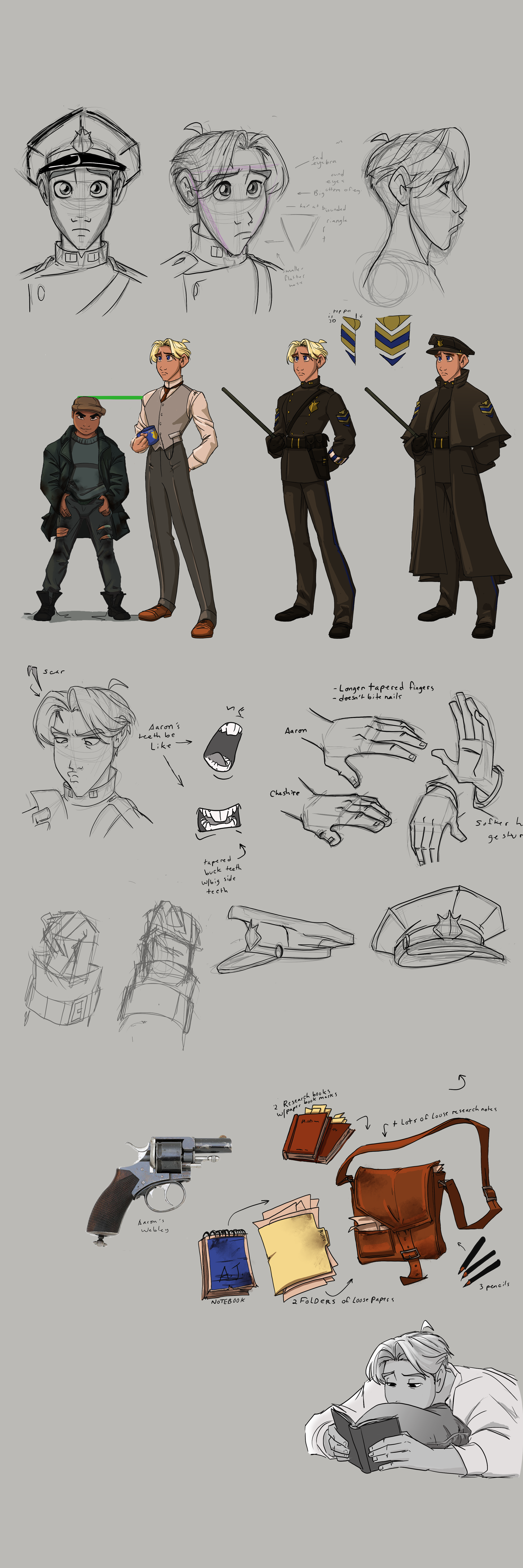 Design sketches and character references for a police officer character, including costume details, hand and facial expressions, props like a gun, research materials such as notebooks, folders, and pens, and scenes of the character reading a book.