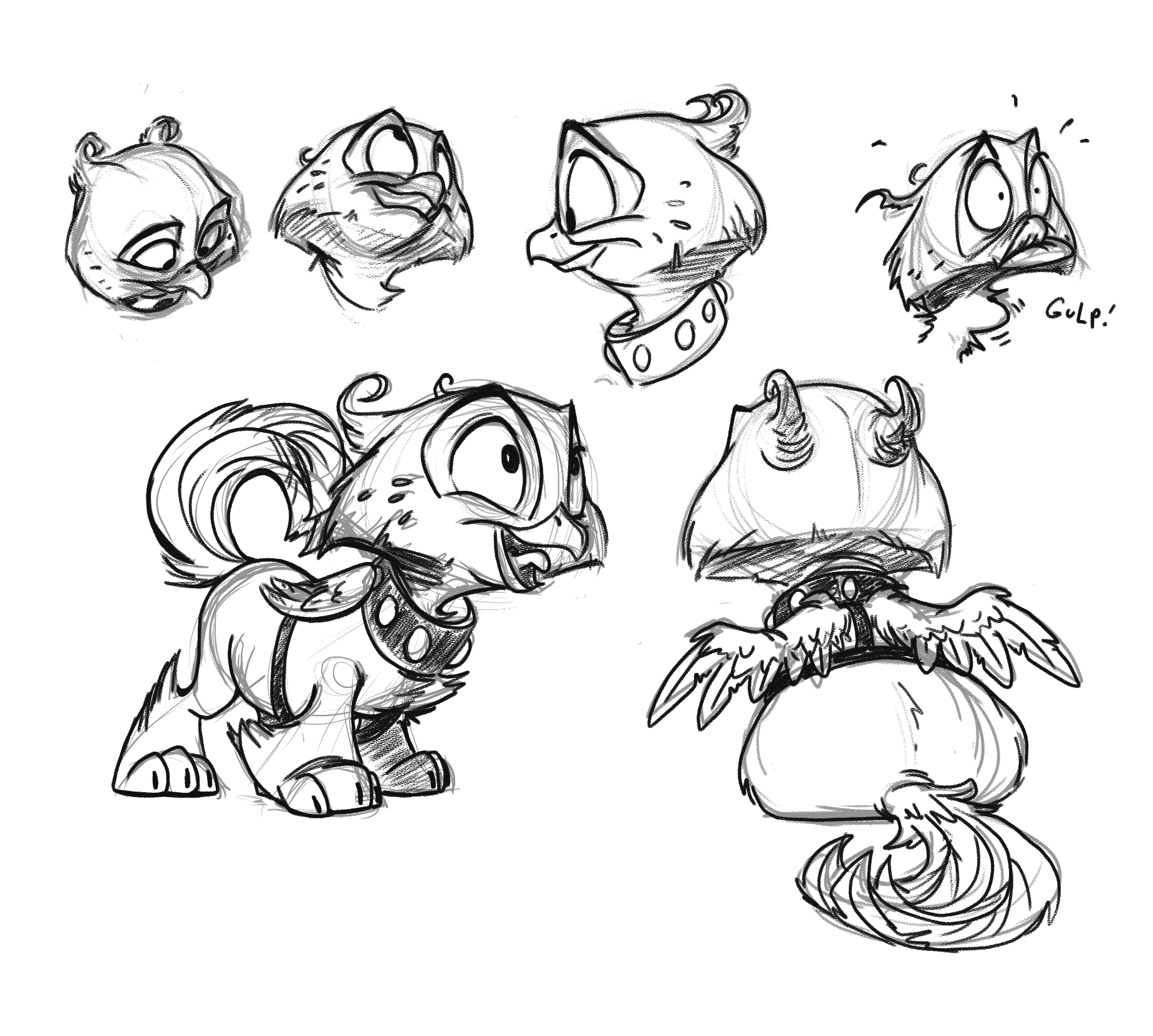 Sketches of a cartoon-like creature with various facial expressions and a detailed front view with wings, horns, and a tail.