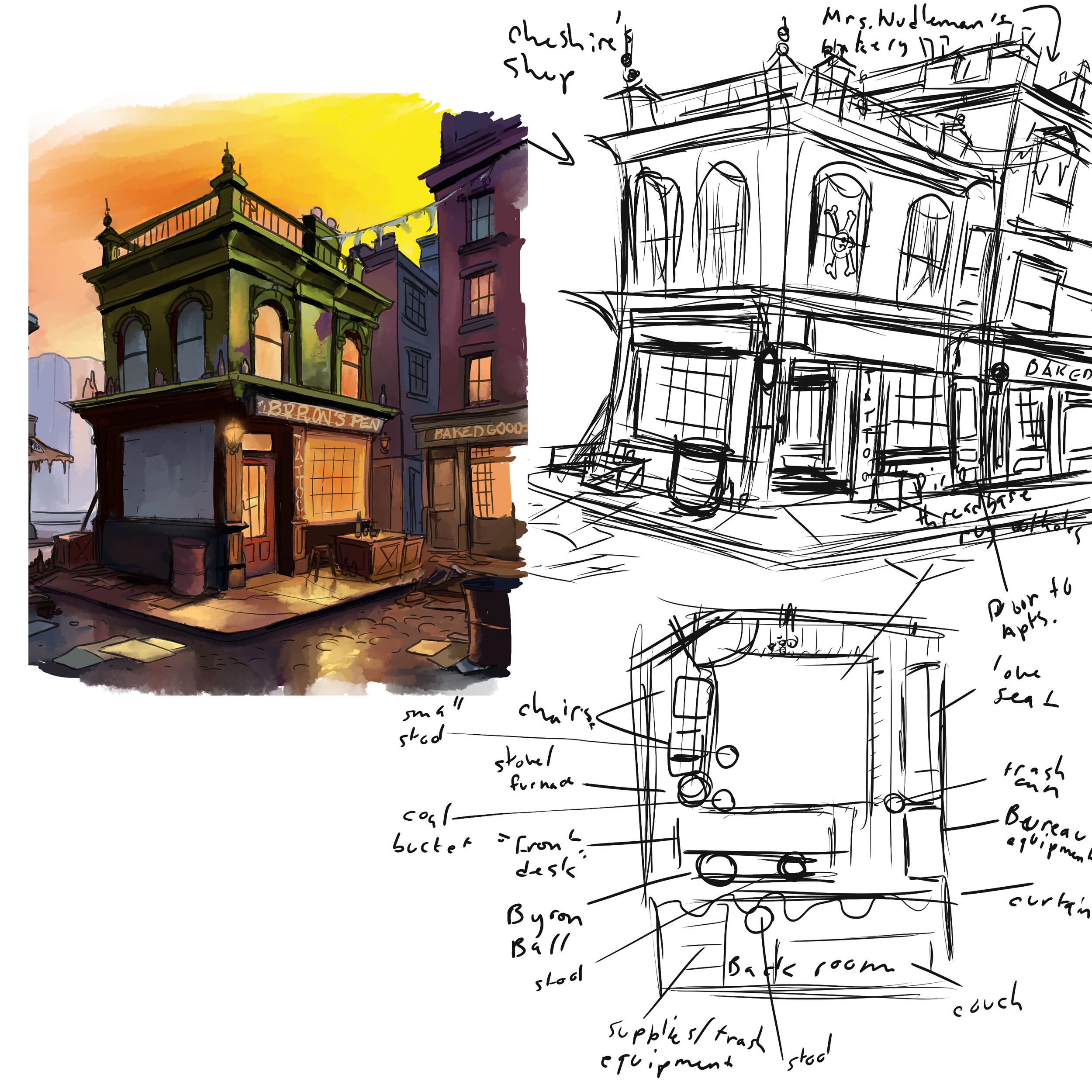 Digital illustration of a vintage building at sunset with handwritten sketches and notes on design details surrounding it.