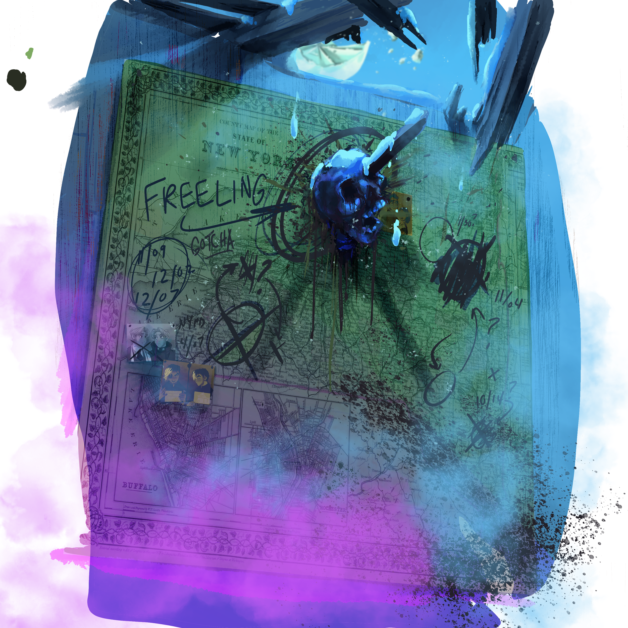 A map of Buffalo, New York, with various markings, drawings, and annotations including a skull and the word 'Freeling'. There are sketches of a bug, some girl photographs, and a mix of handwritten notes and symbols.