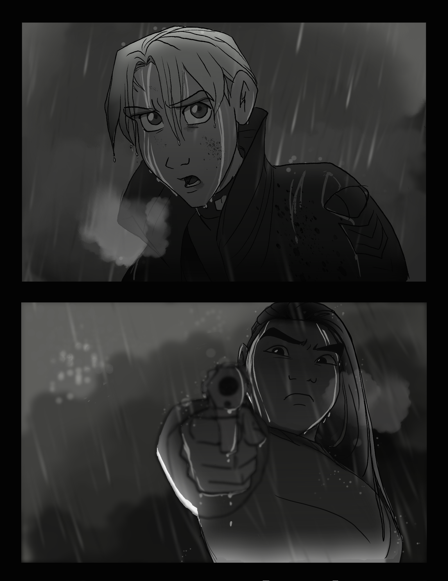 Two panels of a comic-style grayscale illustration showing a tense scene in the rain. In the top panel, a young man with wet hair and a distressed expression looks forward, with rain and smoke around him. In the bottom panel, a young woman with long 