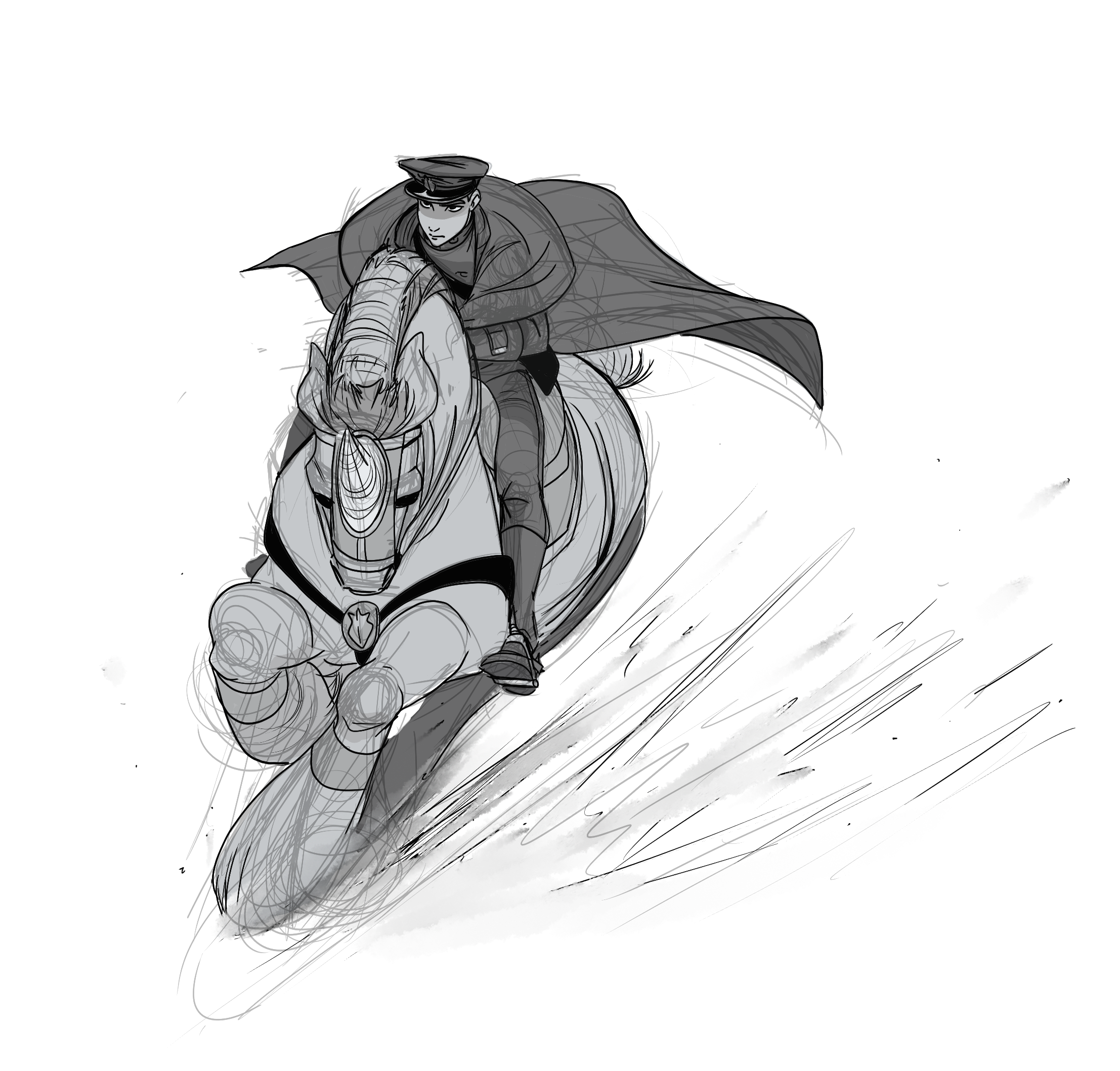 Sketch of a person in a cap riding a horse at full speed, with motion lines indicating swift movement.