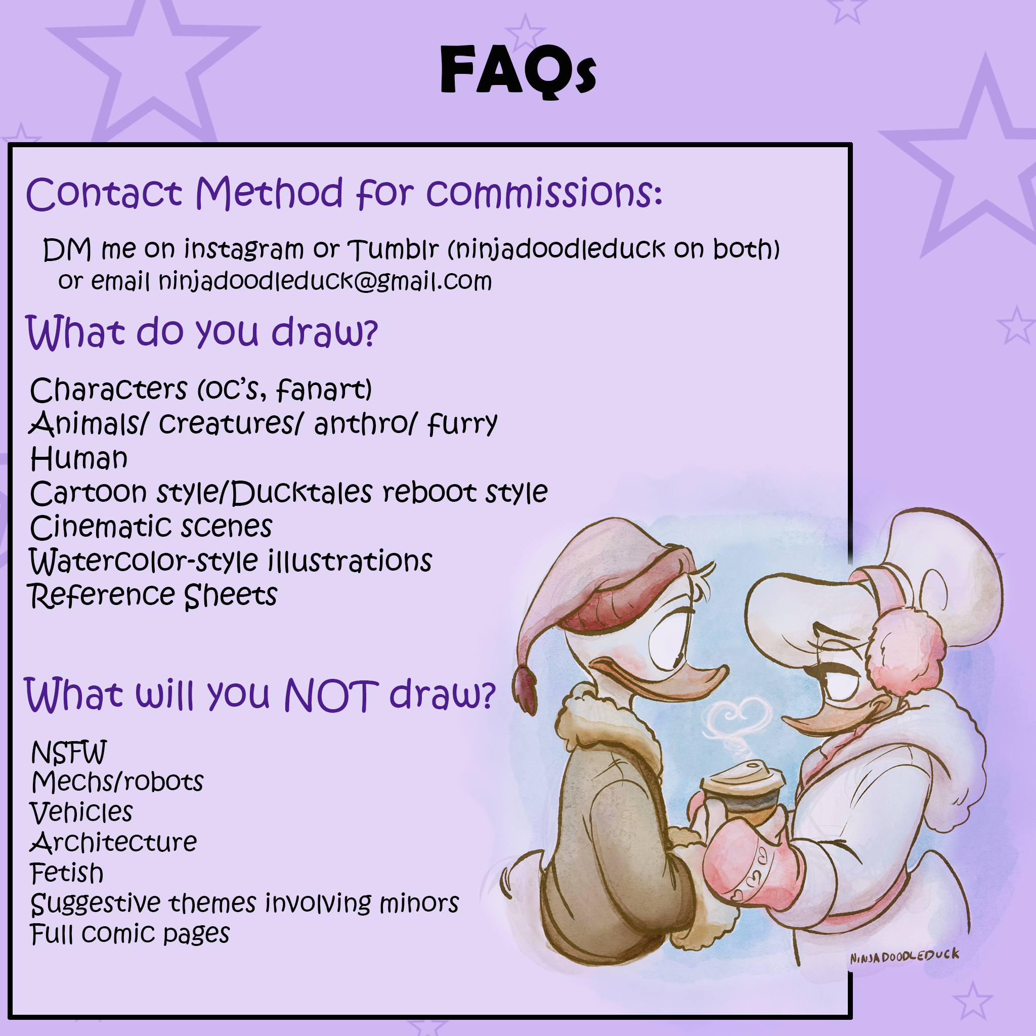 A FAQ page for artists with instructions on how to contact for commissions, what to draw, and what not to draw, illustrated with a cartoon image of two characters having a warm conversation, one holding a coffee cup.