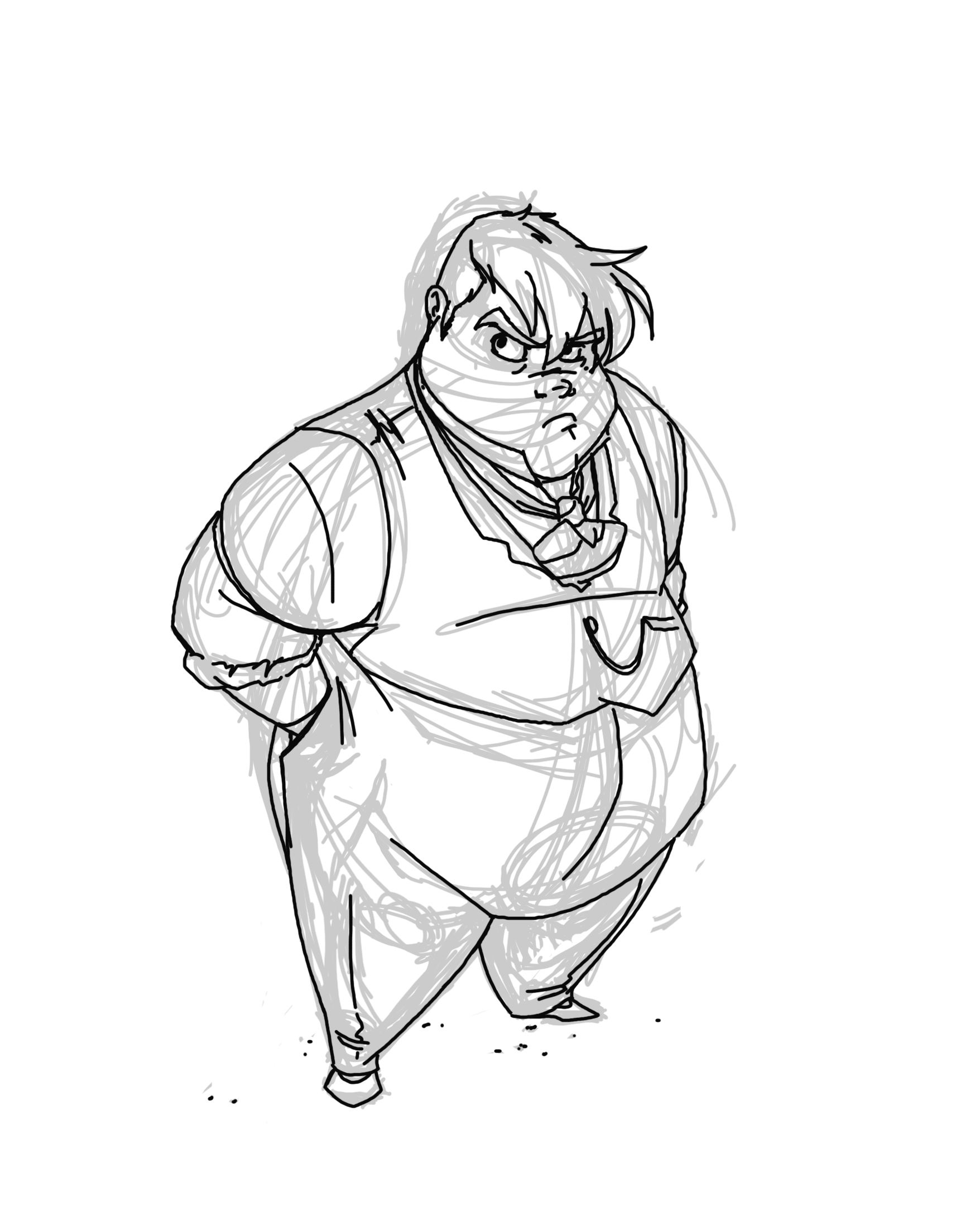 A sketch of a large man with a stern expression, messy hair, and wearing a vest, shirt, and tie, standing with his hands behind his back.