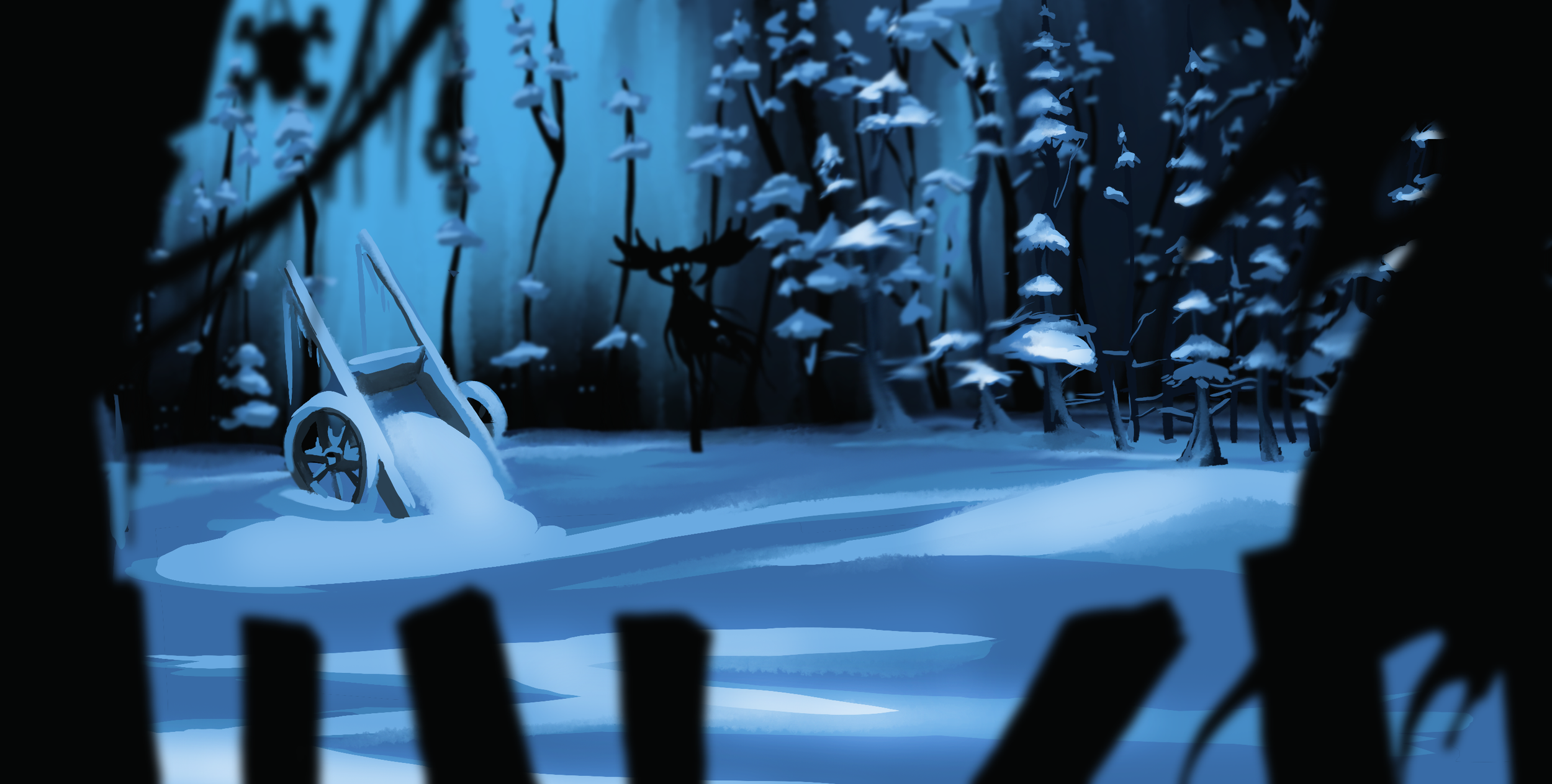 A snowy forest scene viewed through jagged window openings, featuring abandoned snow-covered cart wheels and a silhouette of a reindeer statue, with snow-laden trees in the background.