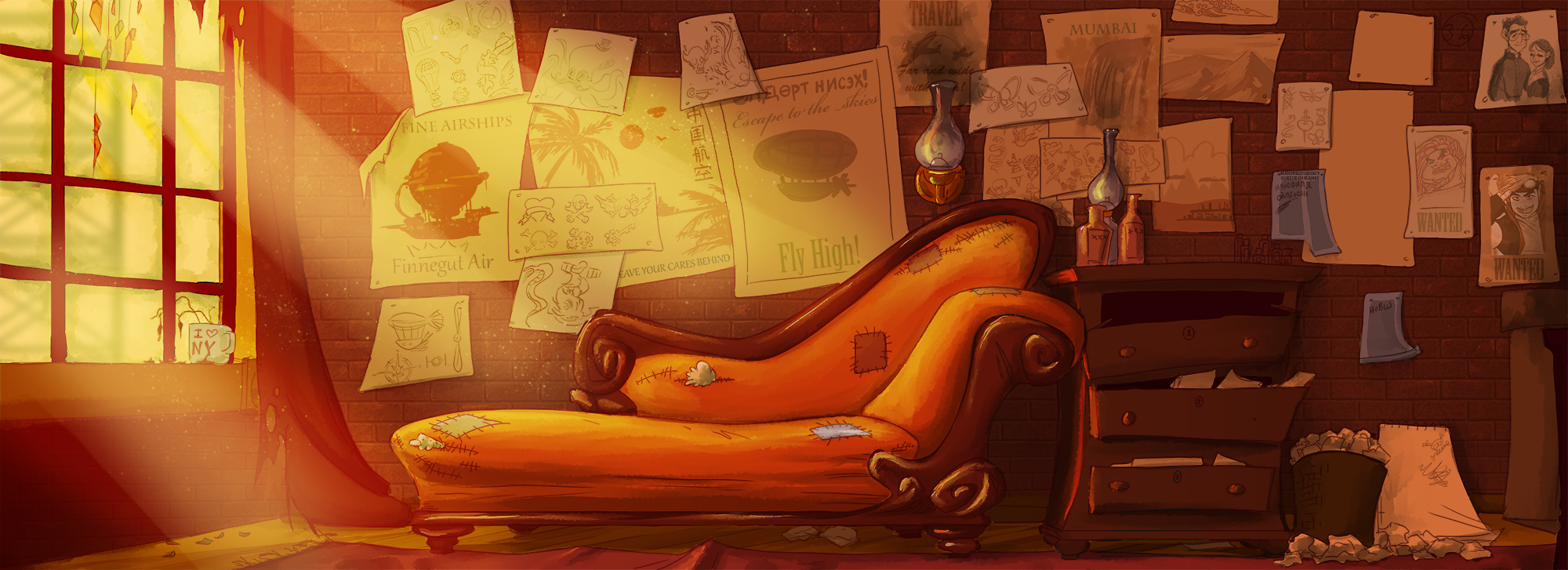 A cozy, cluttered room with a torn, plush armchair in front of a brick wall covered with various sketches, posters, and notes. Sunlight streams through a large window on the left, illuminating the room with warm, golden light.