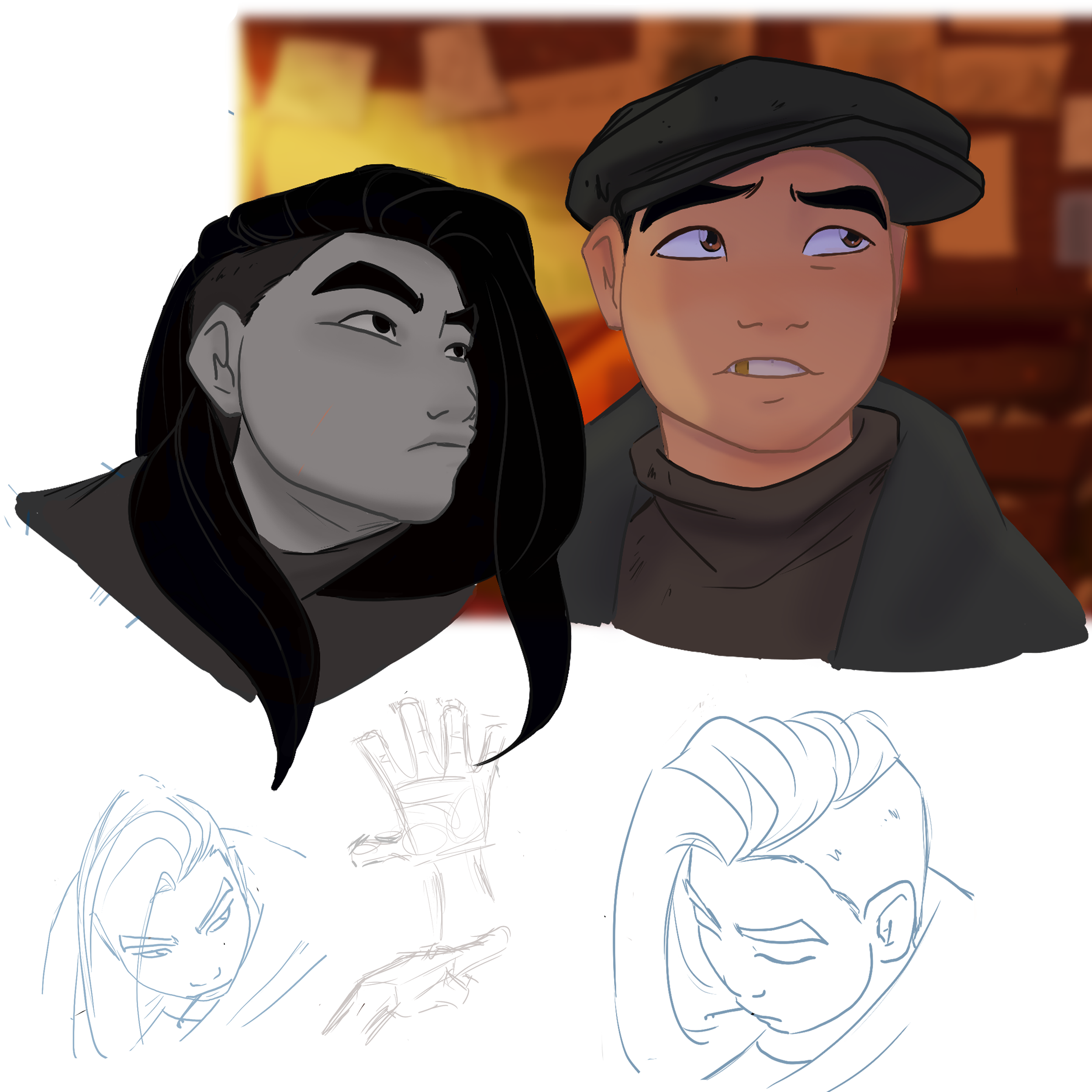 Digital drawing of two anime-style characters, a woman with long dark hair and a confident expression, and a man with short hair, a cap, and a cigarette, with sketches of their faces below.