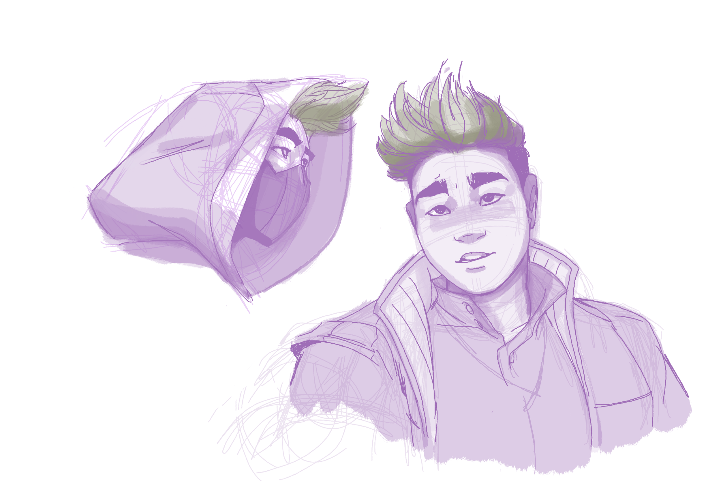 Sketch of two young men, one with a relaxed expression and the other with a surprised face, in purple tones.