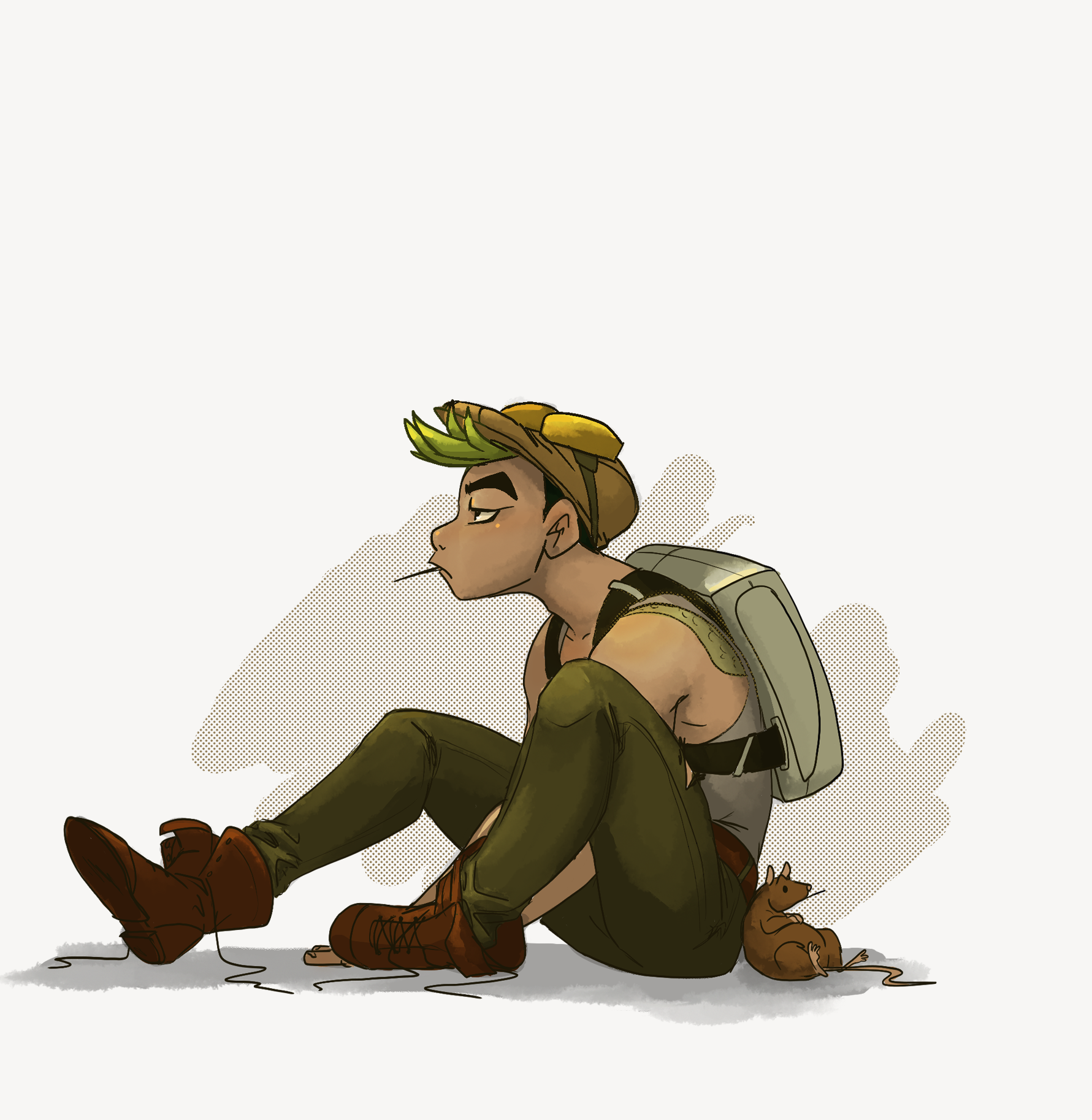 A young person sitting on the ground with a backpack, wearing a hat with leaves and mushrooms, and brown boots, a mouse near their foot, looking tired or bored.