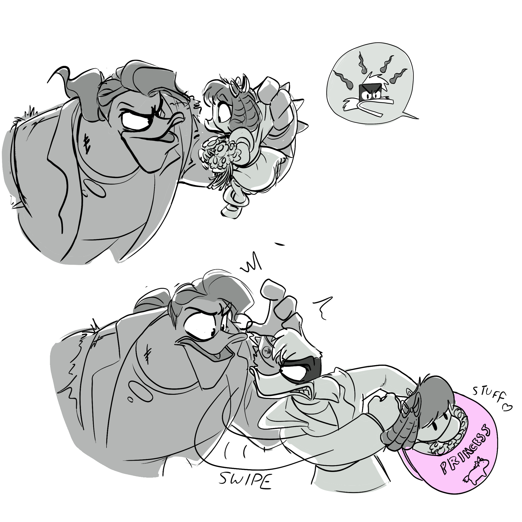 Cartoon scene of Nega Launchpad holding NegaGosalyn and yelling at her, with NegaDuck sensing off-screen she is in danger. The second scene shows Negaduck grabbing Nega Gosalyn from Nega Launchpad and protectively putting her into a pink princess bag