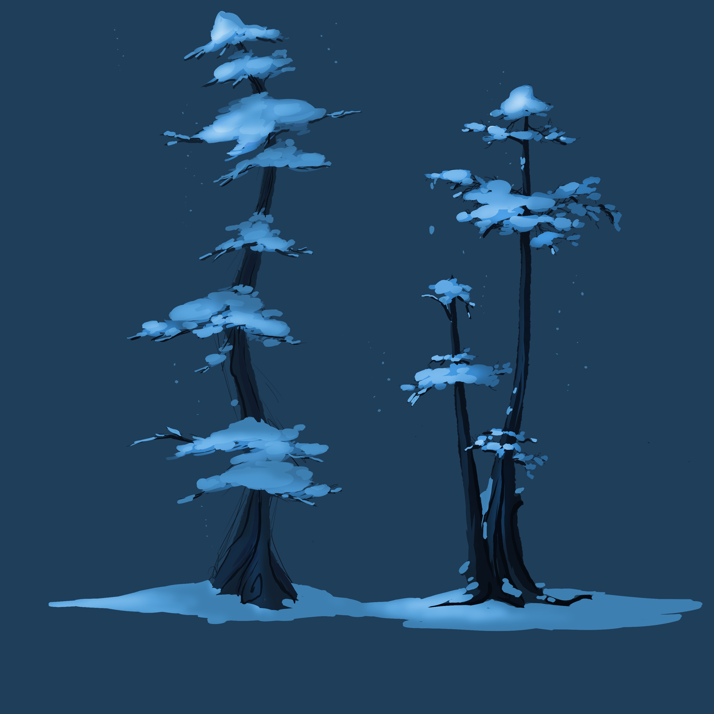 Digital illustration of two tall pine trees covered in snow against a dark blue background with falling snowflakes