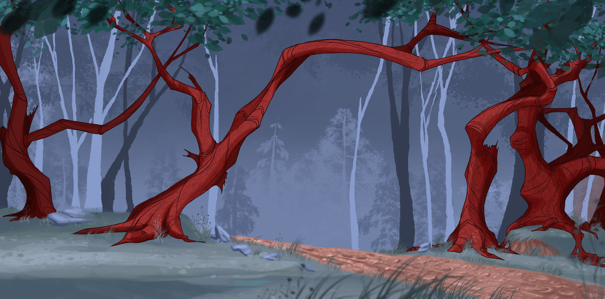 A surreal forest scene with exaggerated, twisted red trees and a dirt path winding through the woods, with a misty background of pale gray and blue tones.