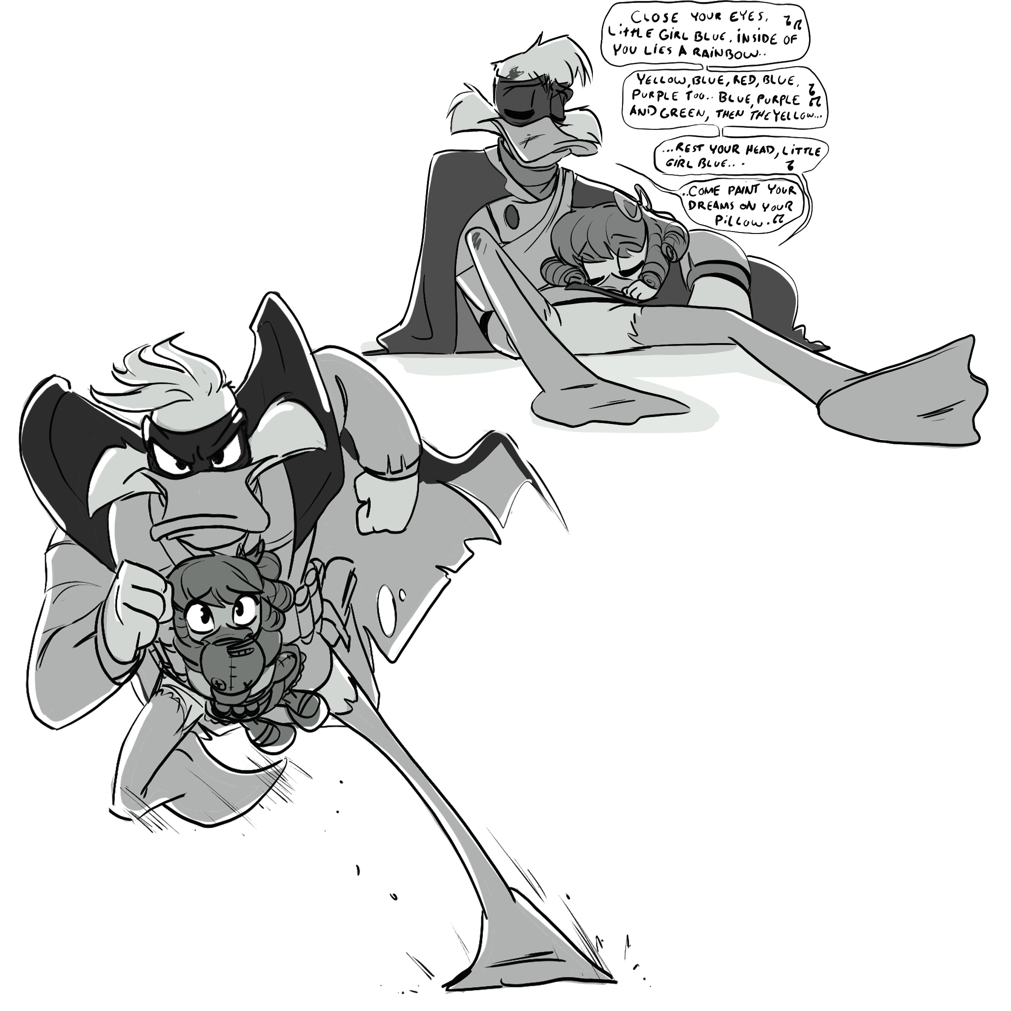 Two black and white illustrations of NegaDuck with Nega Gosalyn. One has NegaDuck running with a determined look, with Nega Gosalyn in a baby carrier. The other is Negaduck and Nega Gosalyn resting, while they sing a lullaby together.