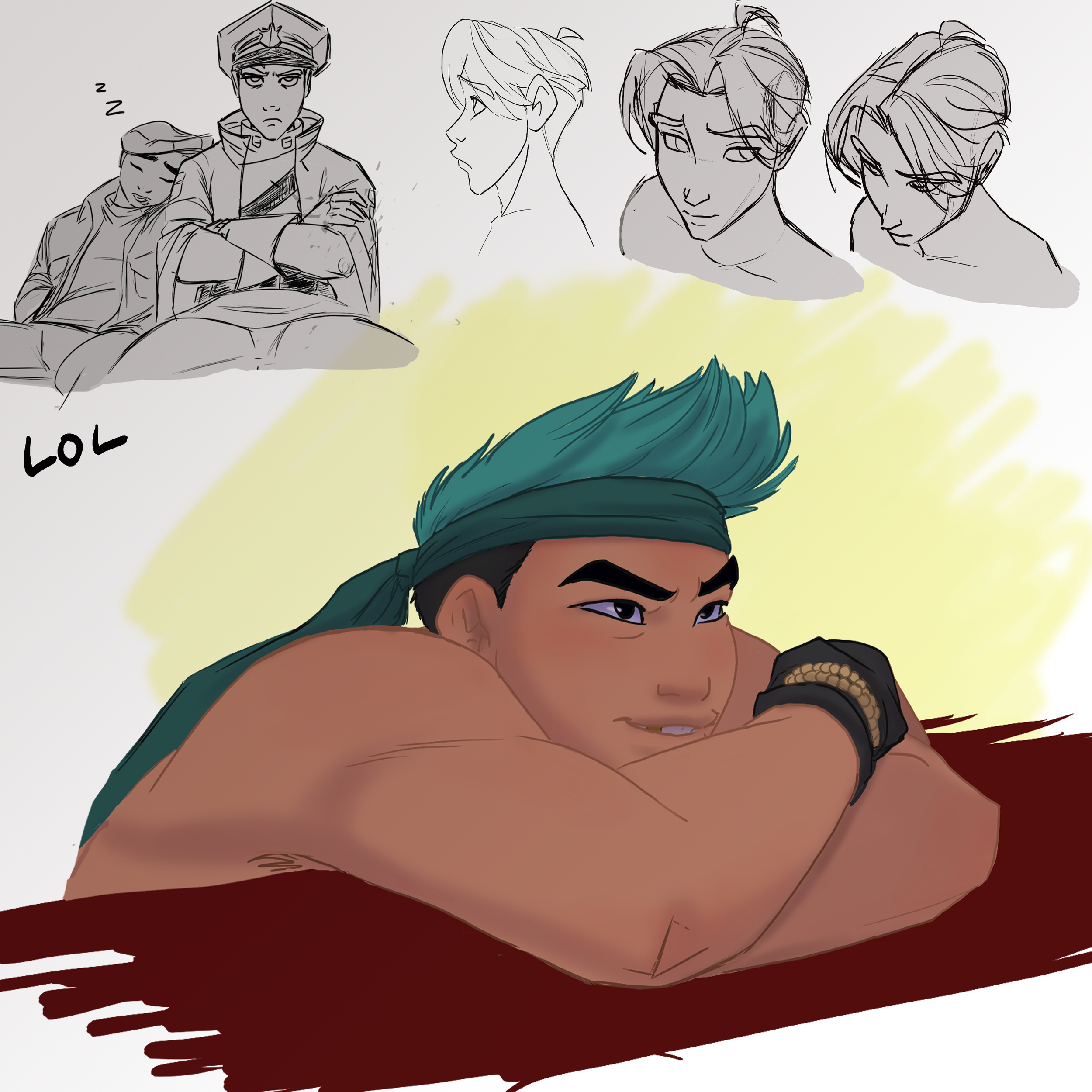 A digital drawing of a young man with blue hair and a headband, resting his chin on folded arms on a table with a red surface. The background features sketches of different male characters in various poses and expressions, and there is a small handwr
