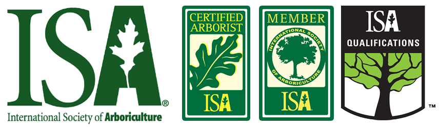 Logos and badges indicating ISA certifications and membership, including Certified Arborist, Member of ISA, and ISA Qualifications, with trees and leaves symbols.
