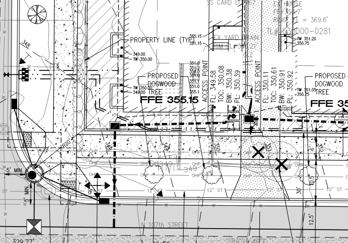 A detailed architectural or construction site plan showing property lines, proposed trees and dogwood, specific elevation points, and various construction details for a landscape or development project.