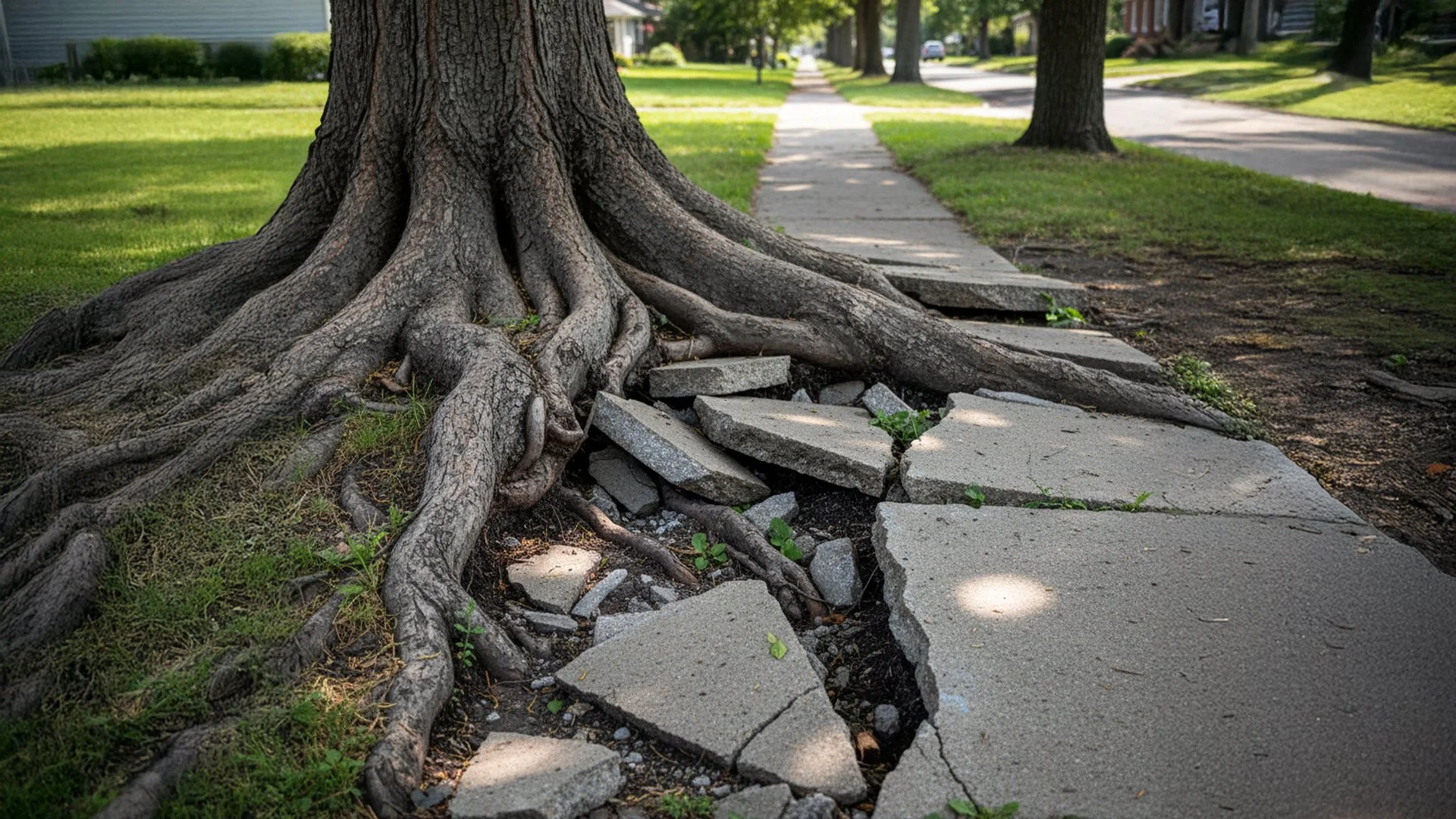 A sidewalk with large cracks and broken concrete stones near the roots of a large tree in a neighborhood park.