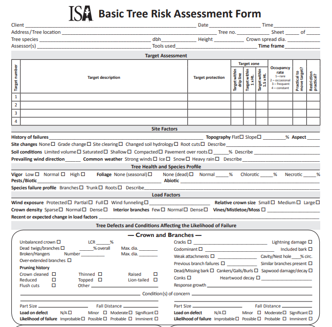 A professional form titled 'Basic Tree Risk Assessment Form' from the ISA (International Society of Arboriculture). It includes fields for client information, tree details, assessment target zones, site factors, site history, tree health, species profile, wind exposure, recent changes, defect conditions, crown and branch details, and other relevant data for tree risk evaluation.