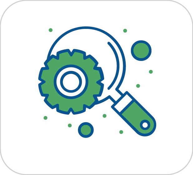Icono de una lupa y una rueda dentada, representando búsqueda técnica o ajuste de sistema.