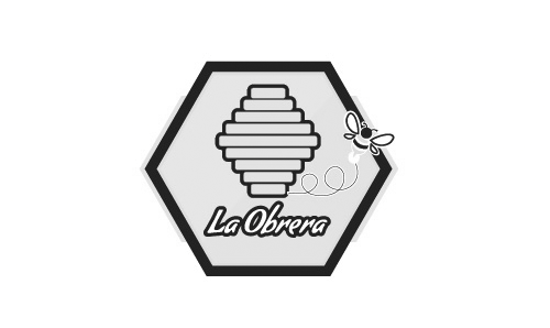 Logotipo con forma de hexágono, una colmena, una abeja y el texto 'La Obrera'.