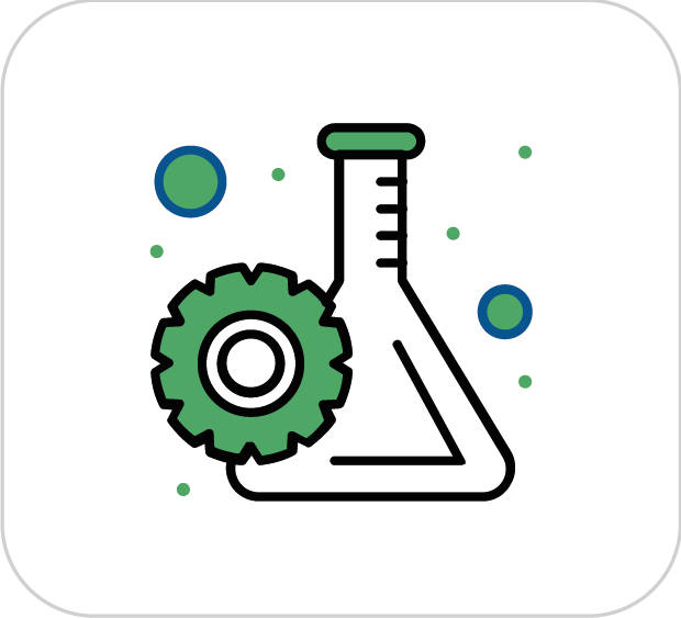 Icono de un matraz de laboratorio con una rueda dentada.