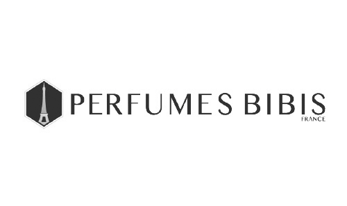 Logotipo de Perfumes Bibis, con un ícono de un frasco de perfume en un escudo negro y letras en negro que dice 'Perfumes Bibis, France'.