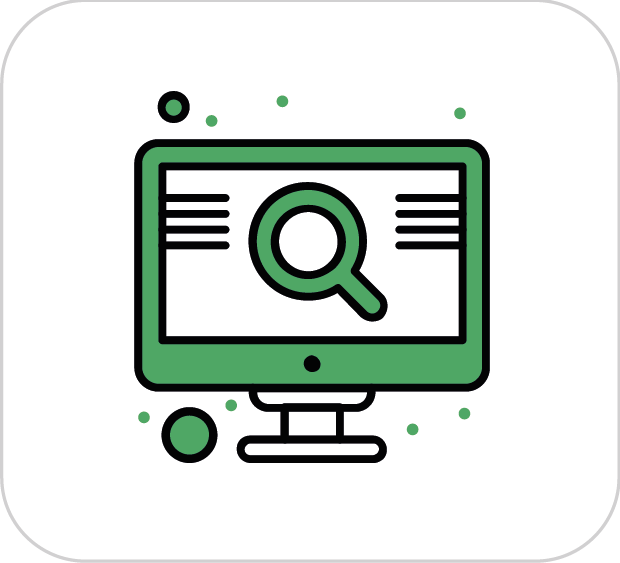 Icono de una computadora con lupa en la pantalla, simbolizando búsqueda en línea o investigación digital.