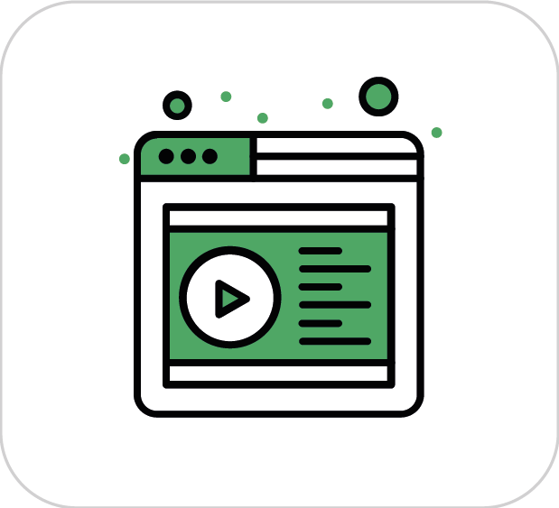 Ícono de una ventana de navegador con un video de reproducción y líneas de texto, representando contenido audiovisual en línea.