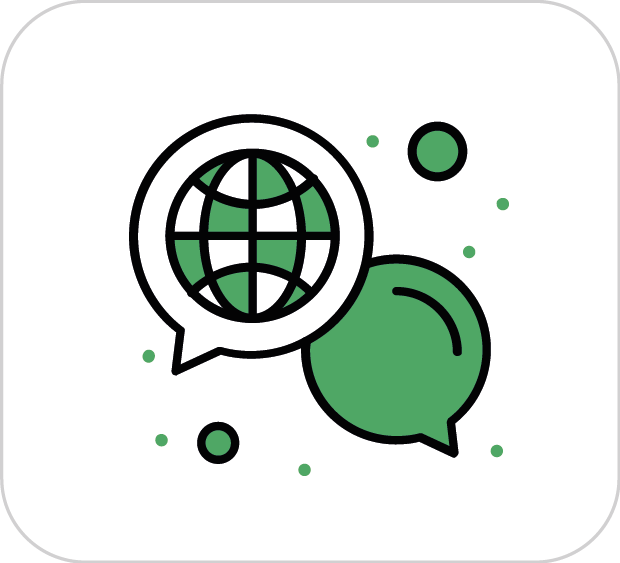 Icono de un globo terráqueo y dos bocadillos de diálogo verdes, con pequeños círculos verdes alrededor.