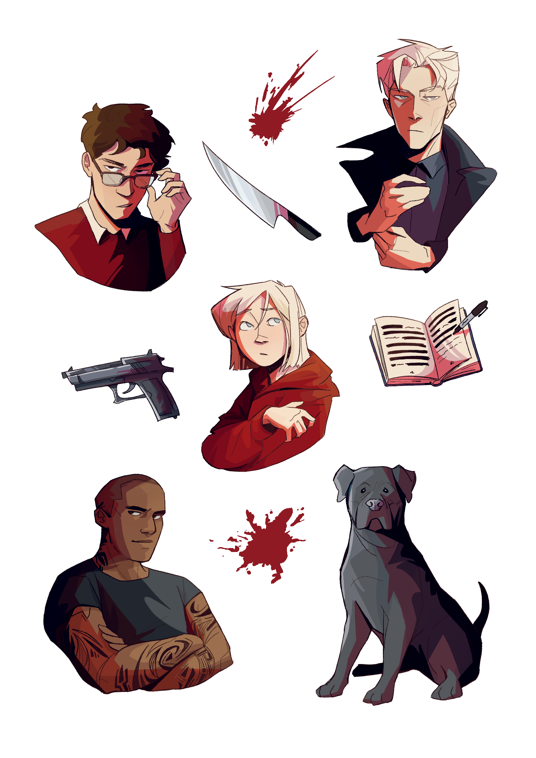 Sticker sheet design featuring the Vicious characters Victor, Eli, Sydney, Mitch, and Dol as well as smaller stickers of a gun, a knife, blood splatters, and an open book with blackout poetry.