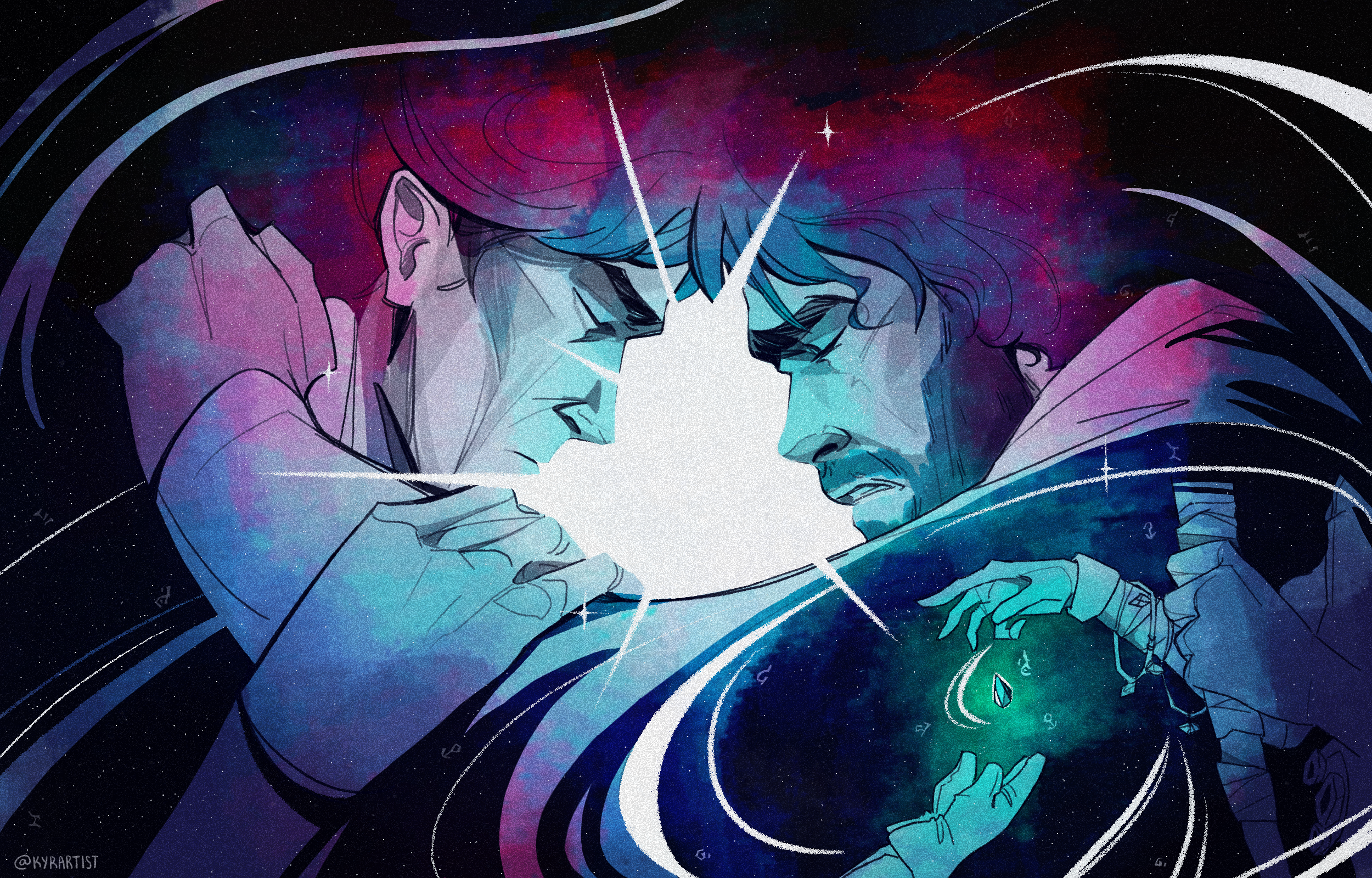 An artistic illustration depicting two men with light blue skin and dark hair, touching foreheads against a cosmic background with stars and colorful nebulae, suggesting a moment of deep connection or confrontation.