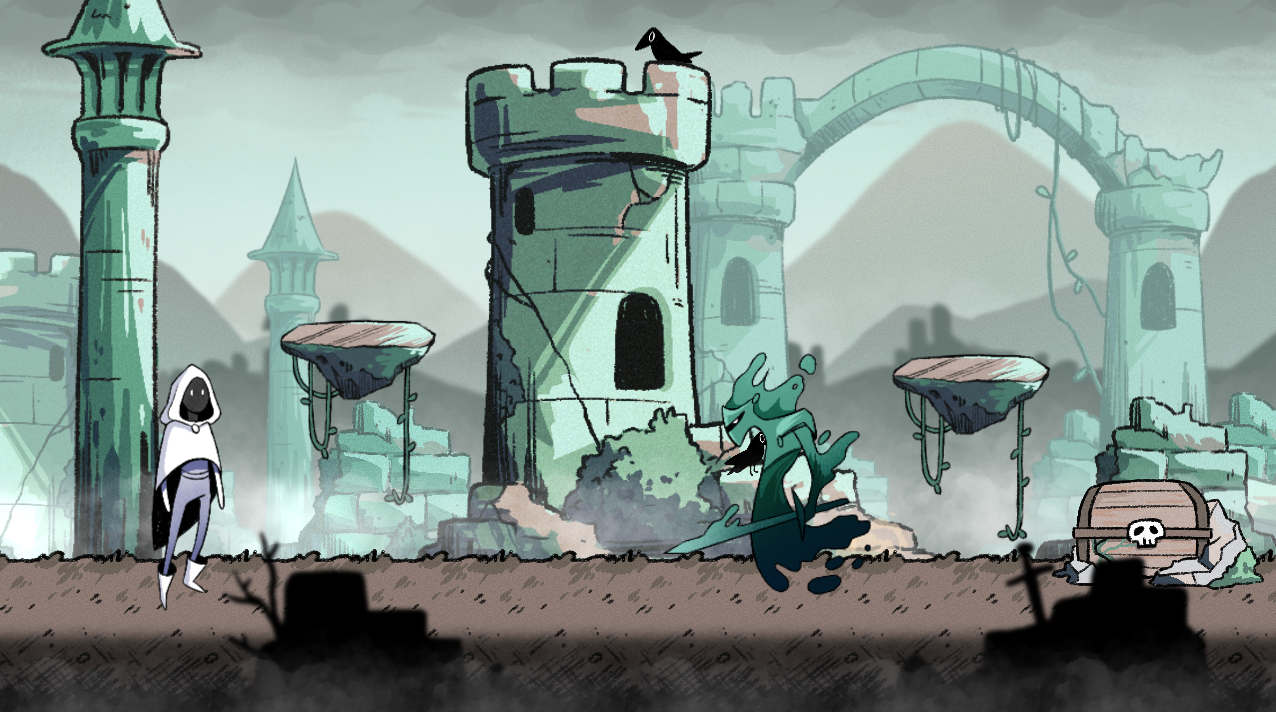 A digital illustration of a fantasy scene with a dark, cloudy sky, ruins of a castle with crumbling towers, floating platforms, and a broken stone arch. A character wearing a white cloak with a black face stands on the left, facing a greenish aquatic monster with sharp teeth and fins, near a treasure chest with a skull emblem on it. A black crow perches on one ruined tower, and there are distant mountains in the background.