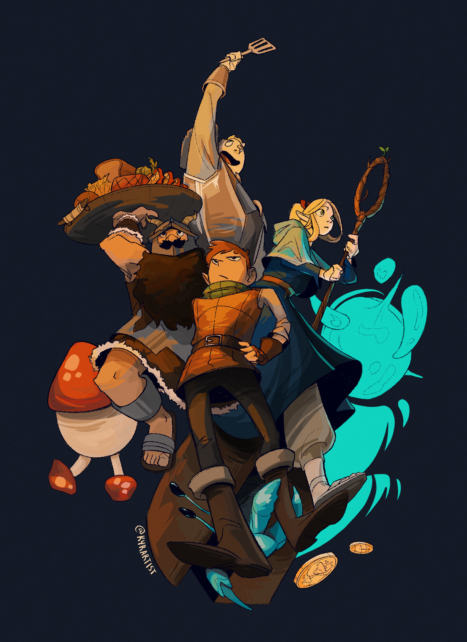 A dynamic digital illustration of four adventurers in fantasy style. A large man with a beard holds a tray of food, a young male with red hair stands confidently, a young female mage holds a staff with a glowing orb, and a young woman with a serious 