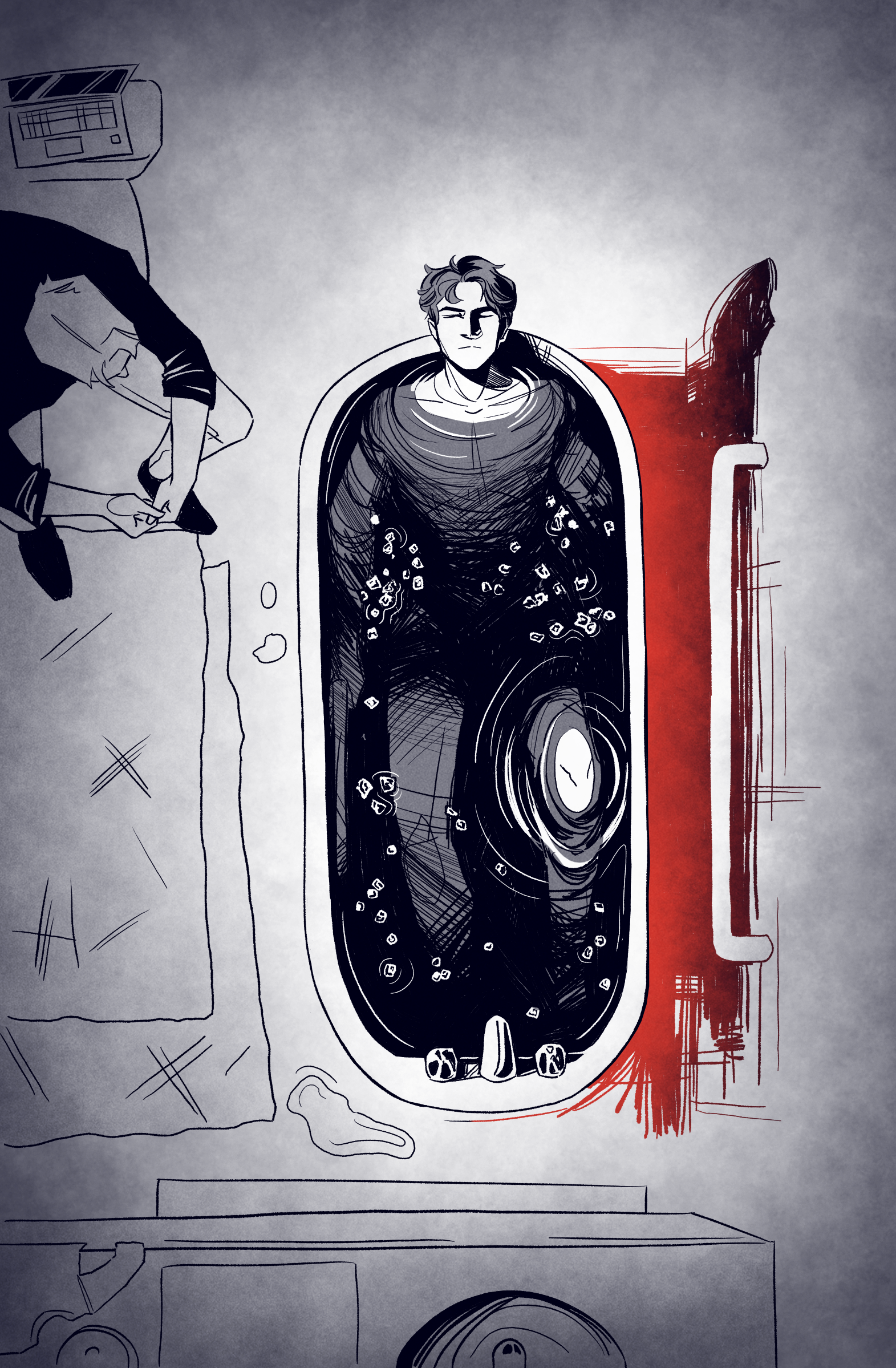 A digital drawing of a man in a spaceship, floating in space with planets and stars, depicted in a comic book style with black, white, and red tones.