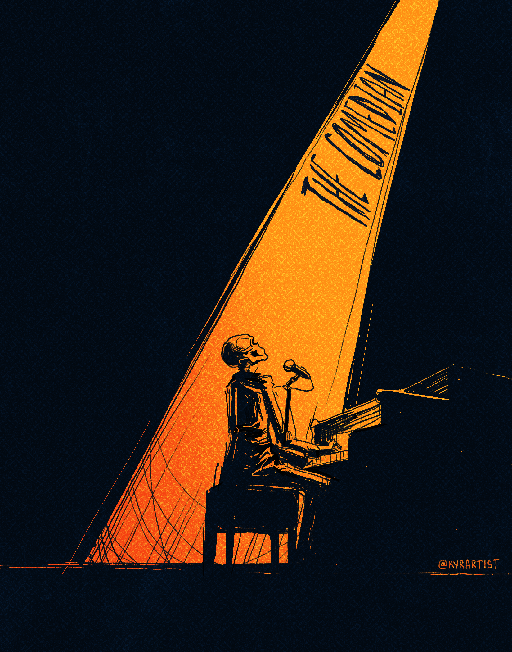 An illustration of a skeleton playing the piano with a microphone on a stand, illuminated by a large yellow spotlight with the words 'The Confidence' written on it, against a dark background.