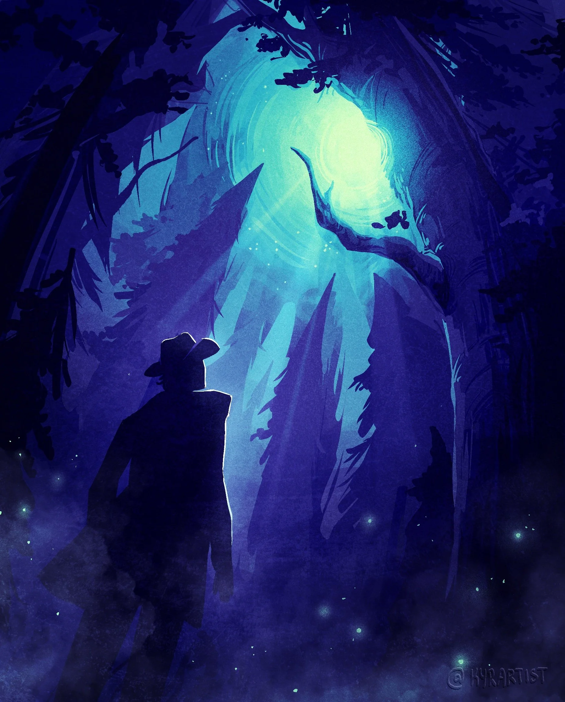 Silhouette of a person wearing a hat, standing in a dark, mystical forest with towering trees, looking up at a bright, glowing blue light source in the sky.