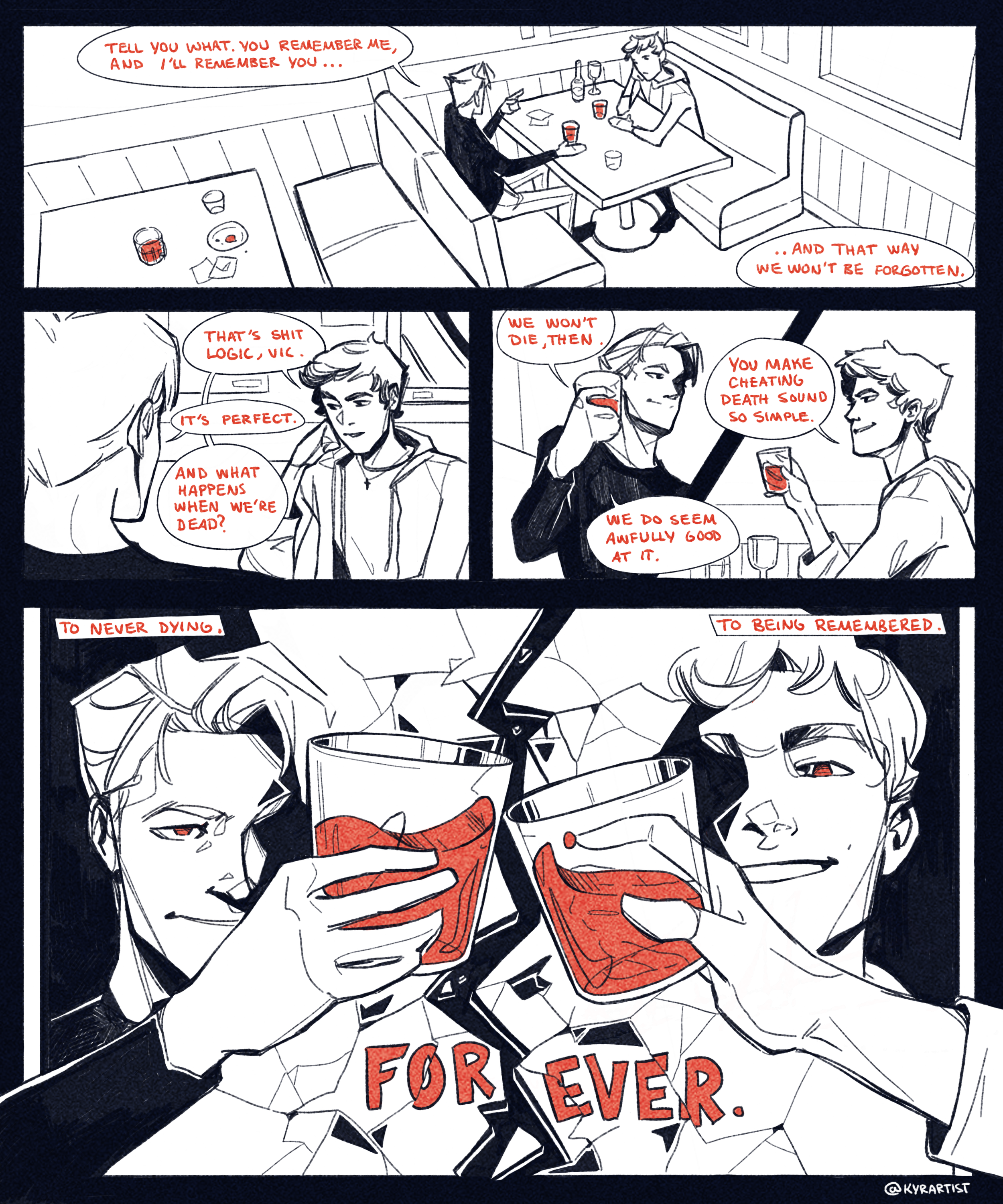 Two men sitting at a restaurant table having drinks and talking. They discuss memories, death, and being remembered, toasting with glasses of red drink. The comic has a black-and-white and red color scheme, with dialogue emphasizing eternal remembran
