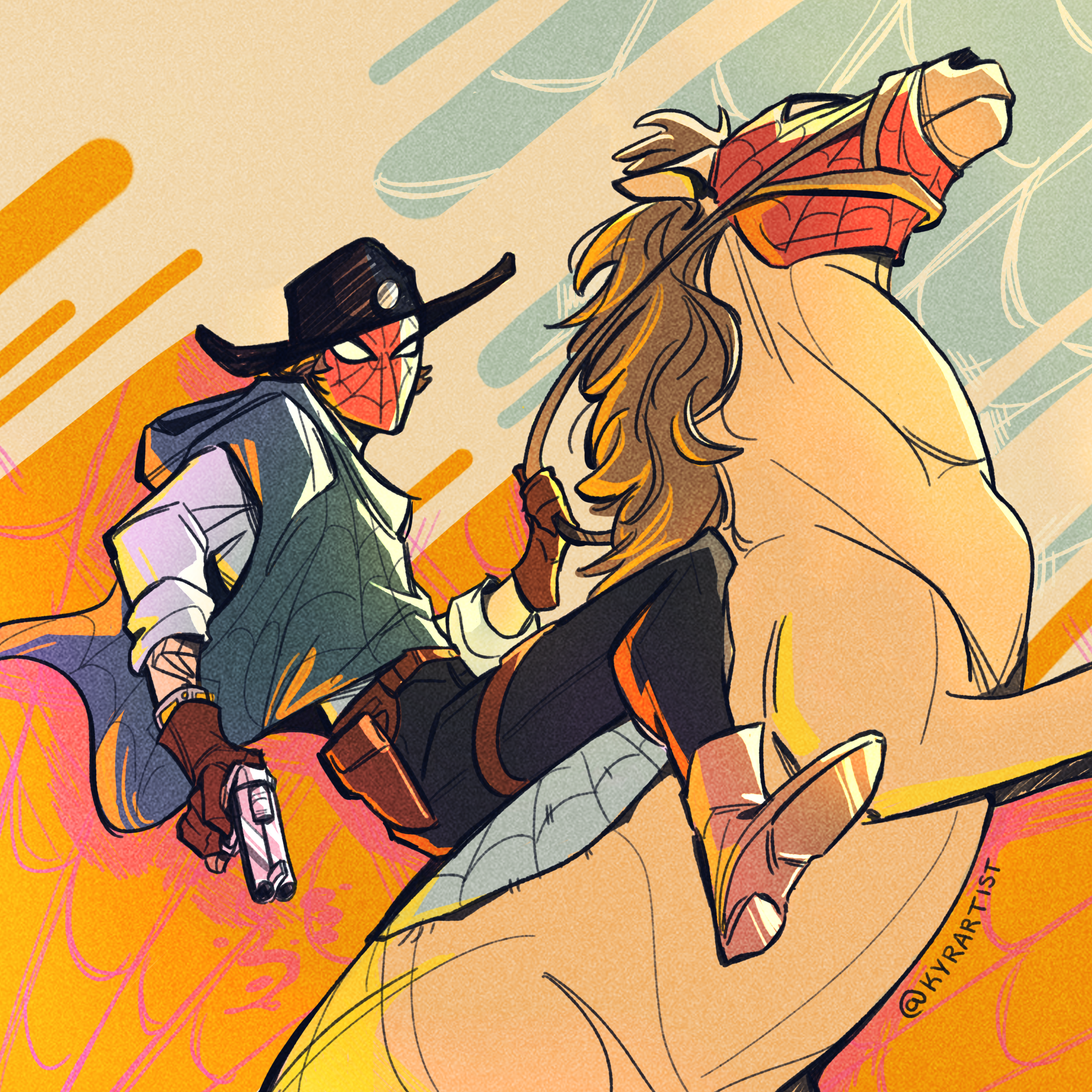 A cartoon-style illustration of a person wearing Spider-Man mask, cowboy hat, and western attire riding a large dinosaur in a stylized background with abstract streaks.