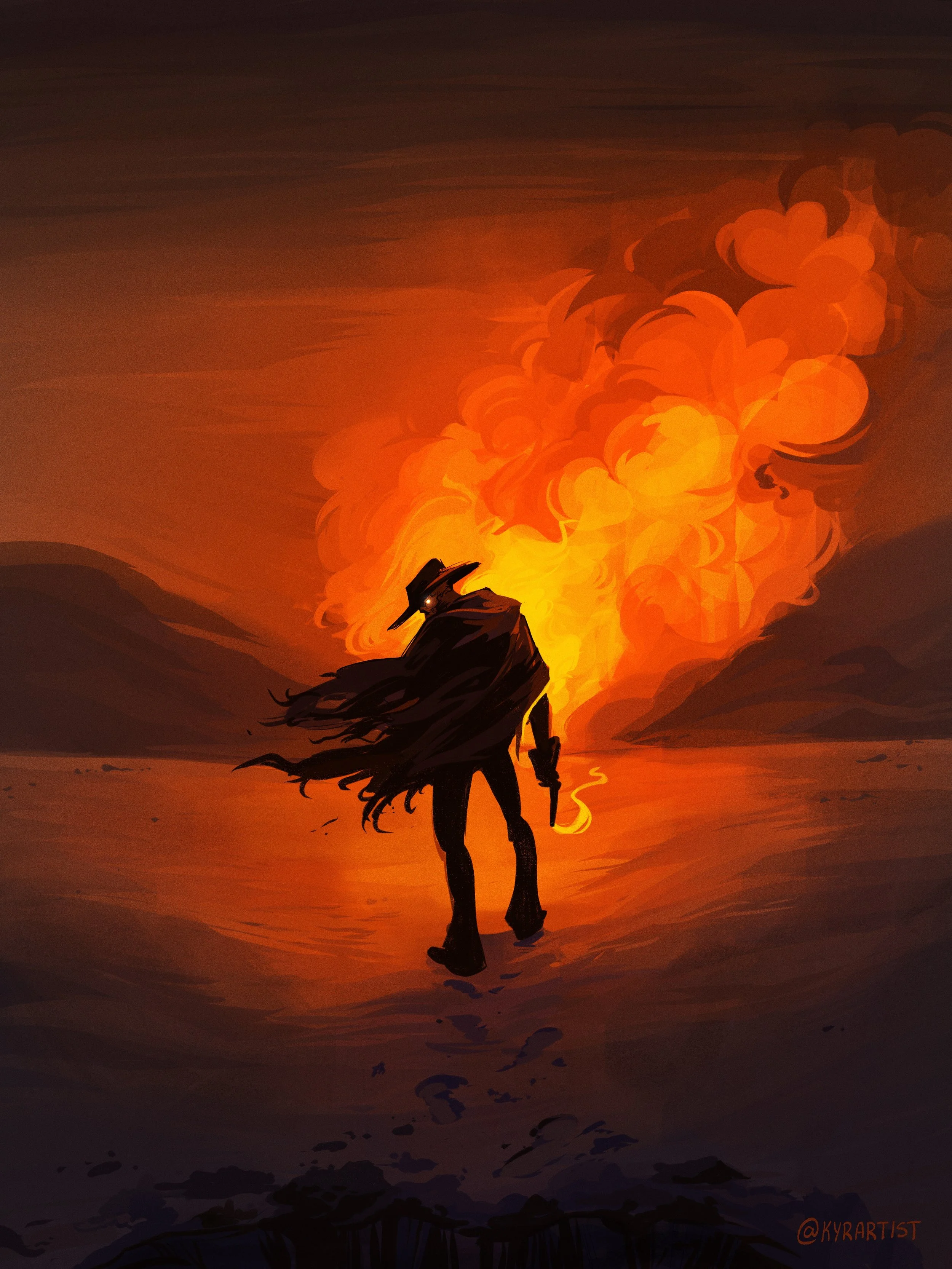 A silhouette of a cowboy with a hat and long hair, carrying a gun, walking towards a large explosion in the background, with smoke and fire against a dark sky.