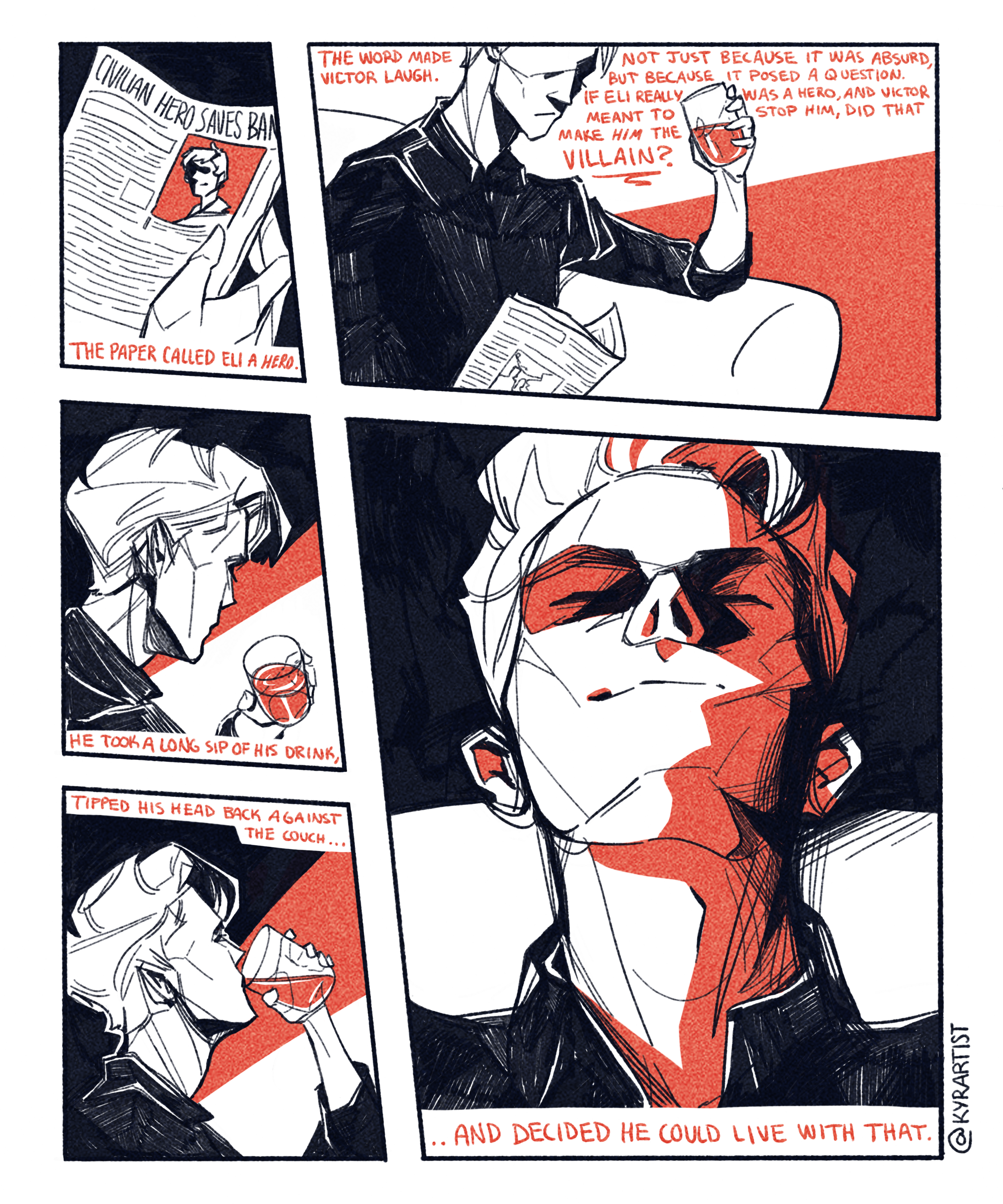 Comic strip showing a person reading a newspaper titled 'Indian hero saves bank'. The person is drinking a glass of red liquid, reflecting on a story about a hero named Eli. The comic narrates how Eli took a sip of his drink, leaned back, and decided