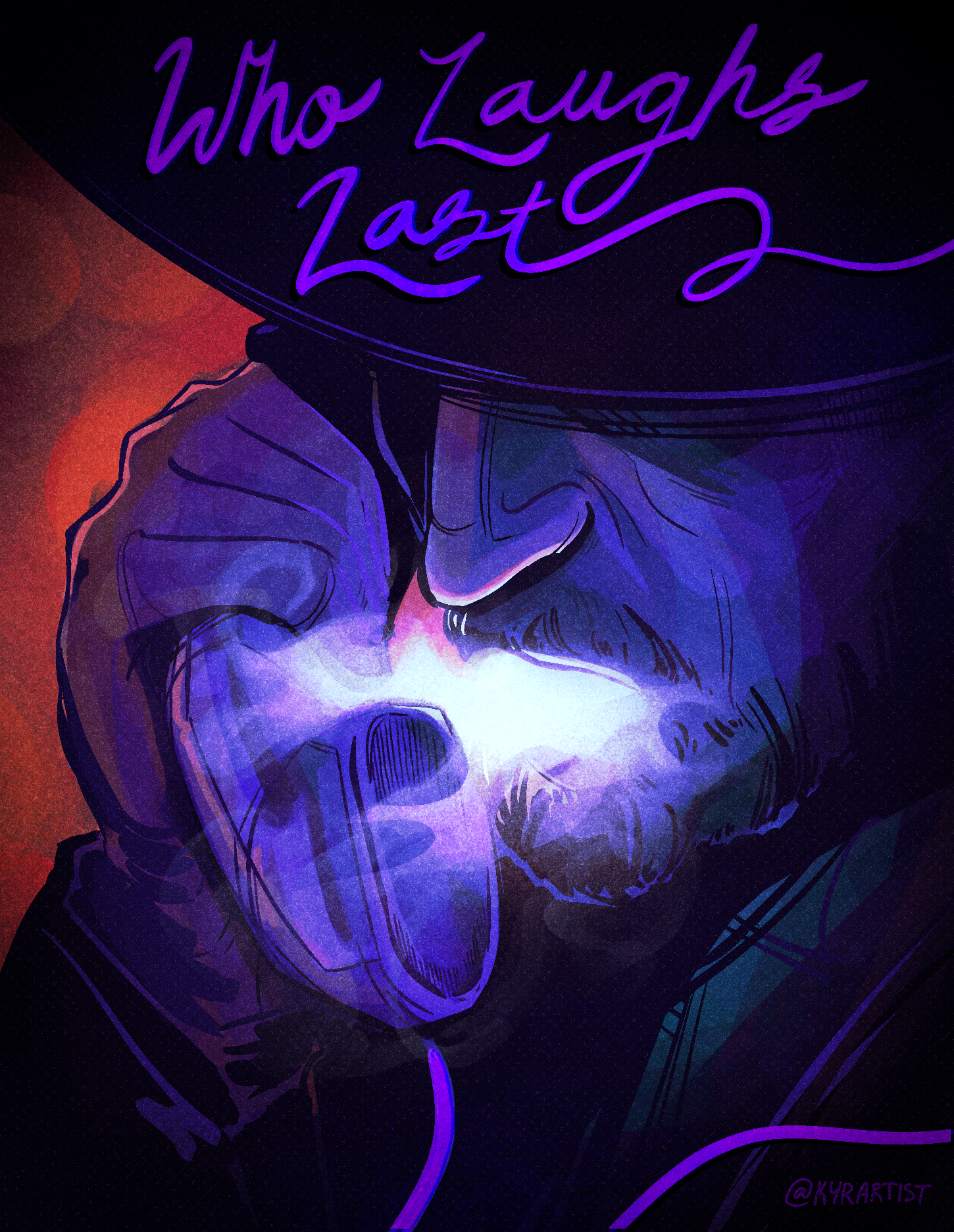 Digital artwork of a man with a hat and beard, holding a glowing skull, with the text 'Who Laughs Last' in purple cursive at the top.