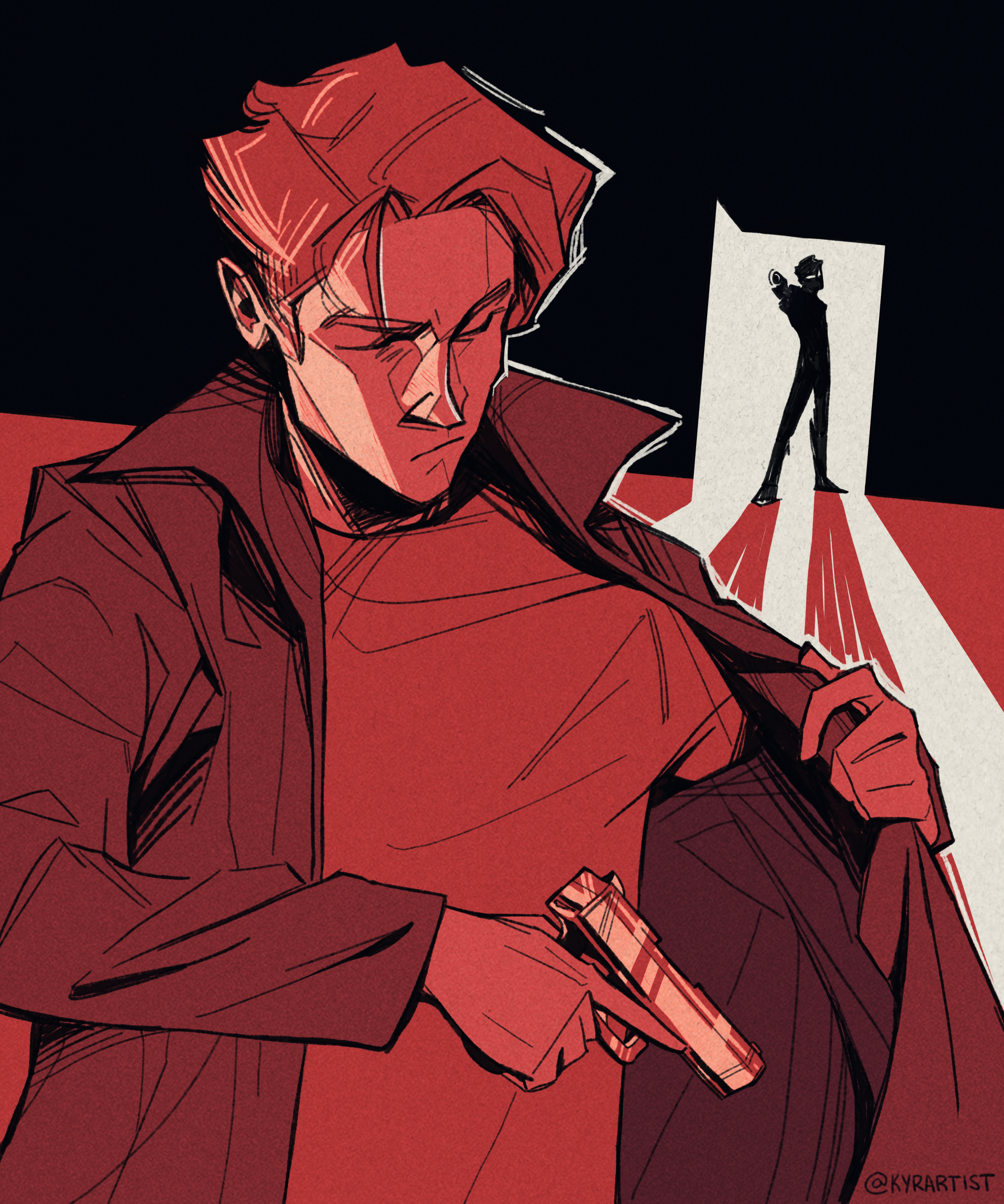 Stylized illustration of a man in a red jacket holding a gun, with a contemplative expression. In the background, a silhouette of a figure holding a gun on a white background with red streaks beneath.