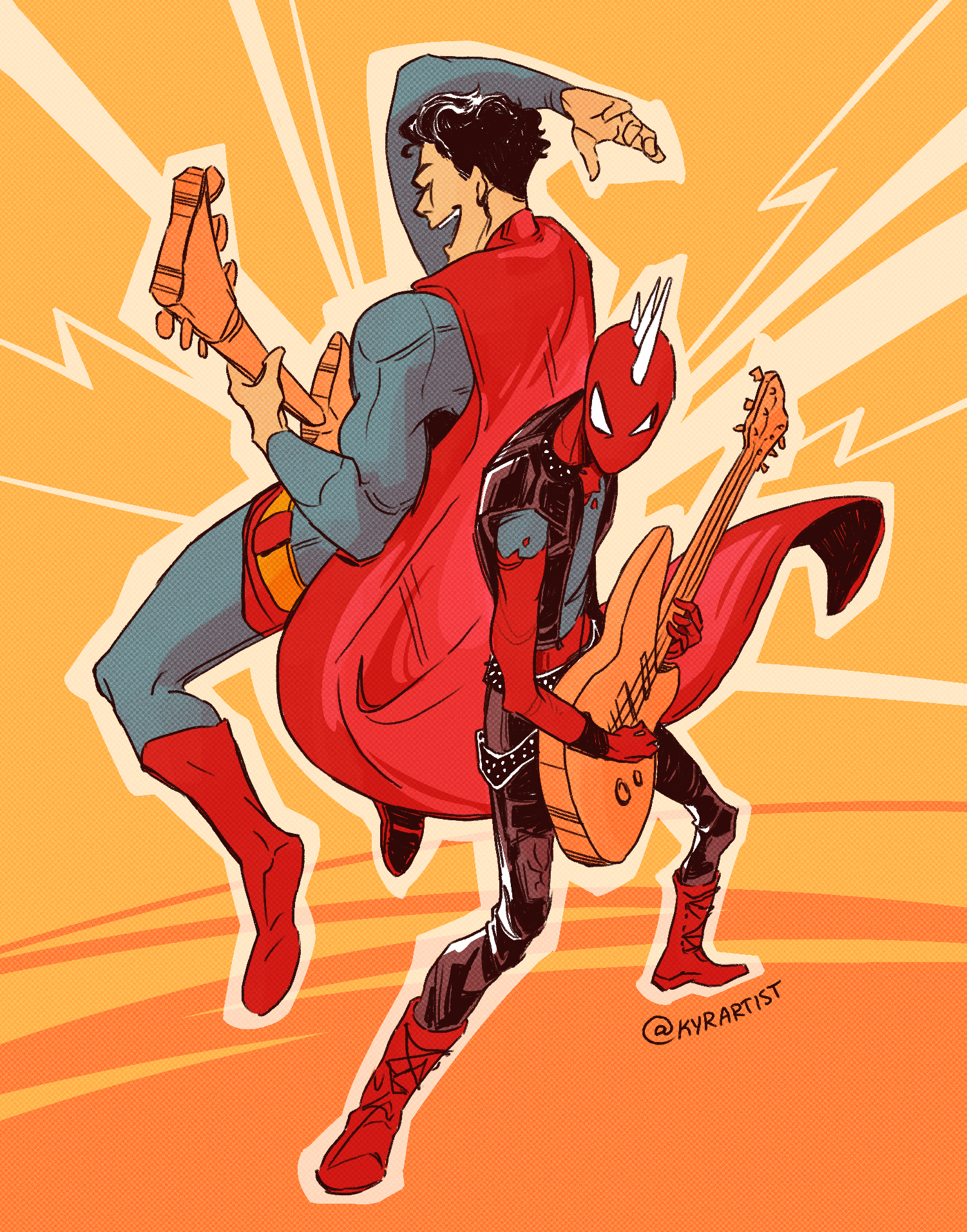 A colorful comic-style illustration of two superheroes playing electric guitars, with one dressed as Spider-Man and the other resembling a character from Spider-Man.