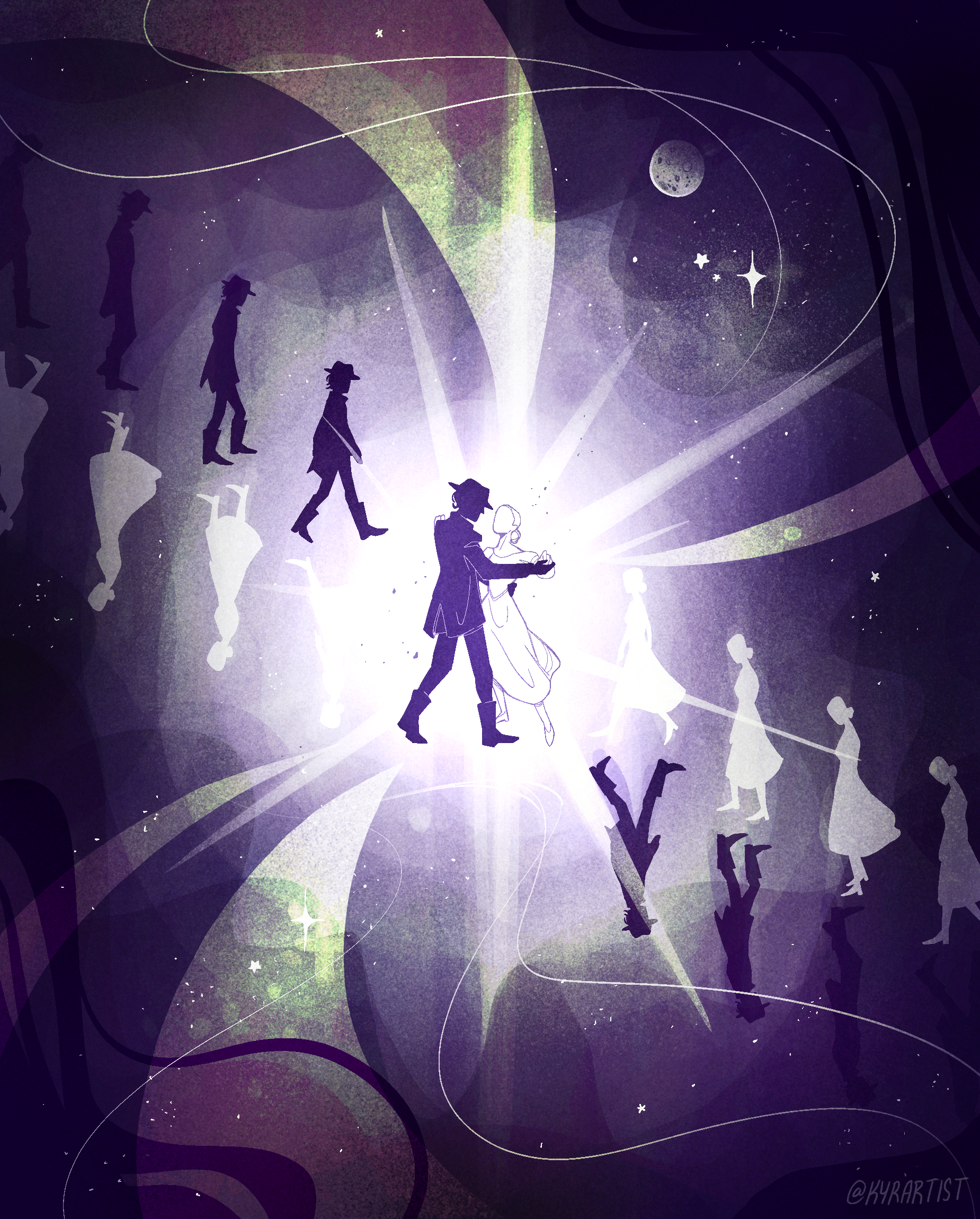 Silhouettes of a dancing couple in the center with a glowing background, surrounded by faint silhouettes of other figures and cosmic elements like stars, planets, and swirling lines.
