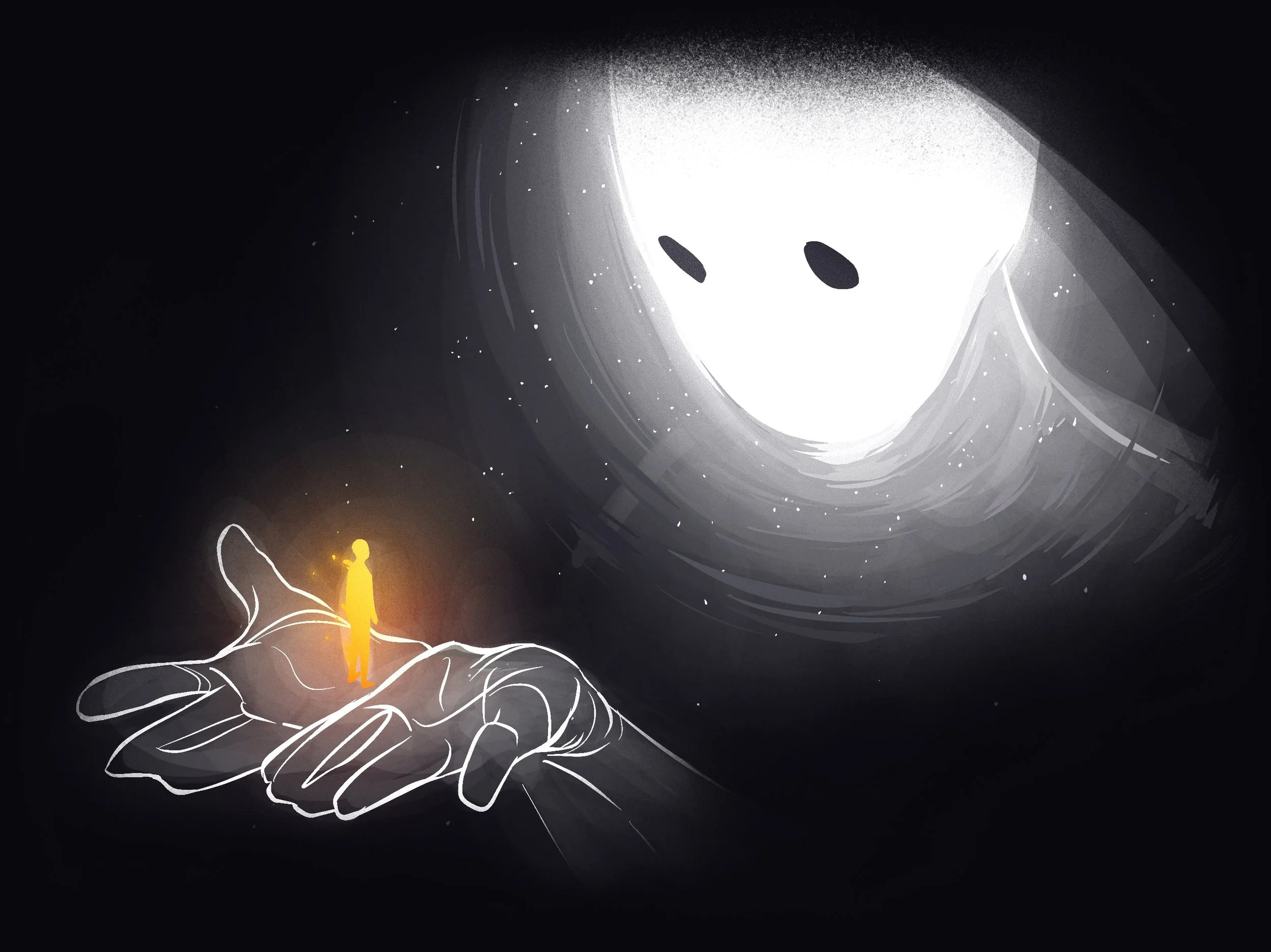 A digital illustration of a large, glowing white face with black eyes in the sky, and a small, glowing yellow figure standing on an outline of a human hand, all set against a dark background.